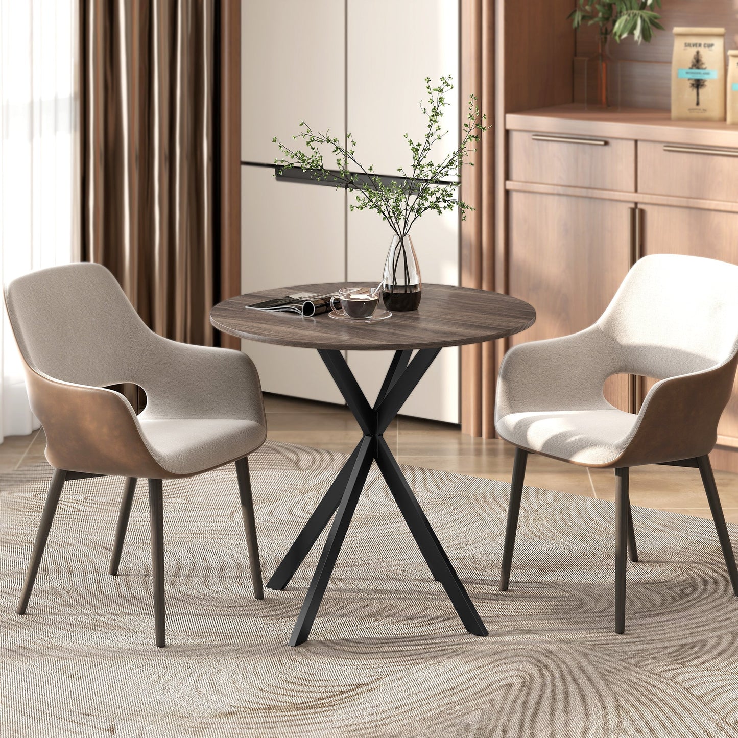 80cm Round Dining Table, Industrial Kitchen Table with Cross Steel Legs for Dining Room, Kitchen, Living Room, Brown