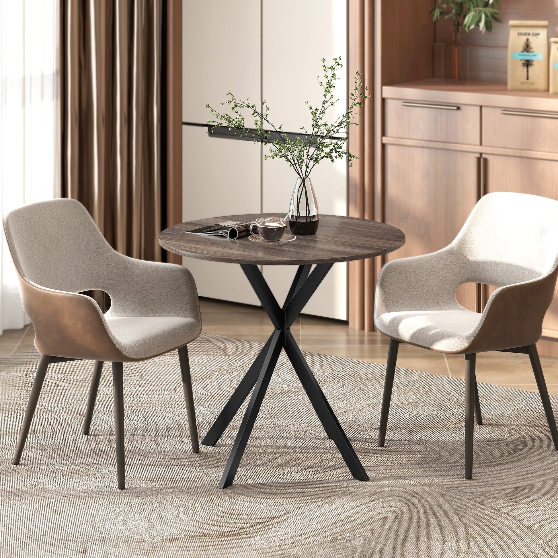 80cm Round Dining Table, Industrial Kitchen Table with Cross Steel Legs for Dining Room, Kitchen, Living Room, Brown