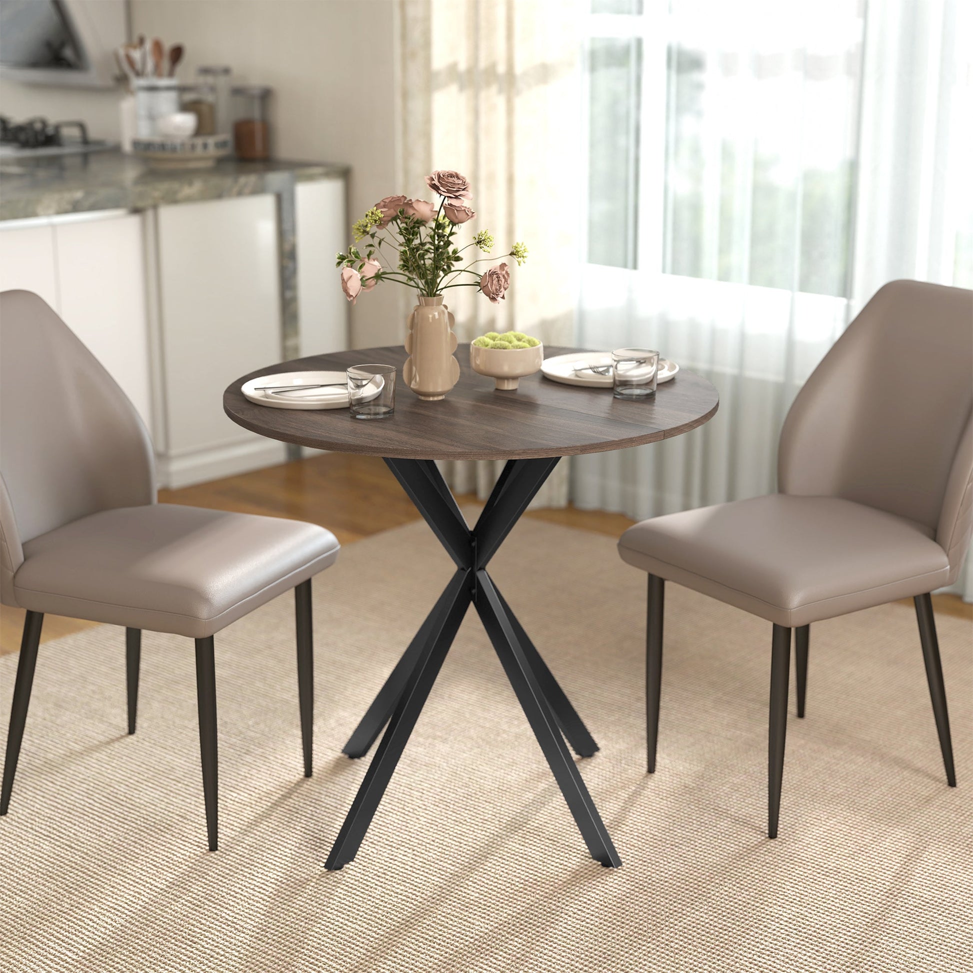 80cm Round Dining Table, Industrial Kitchen Table with Cross Steel Legs for Dining Room, Kitchen, Living Room, Brown