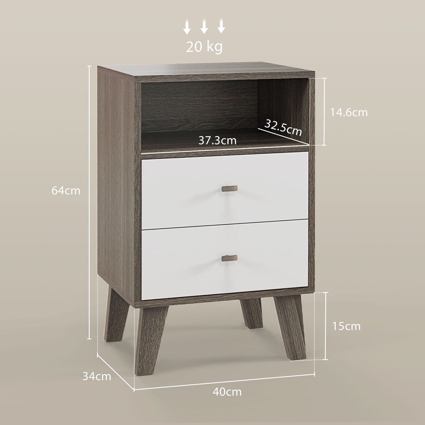 HOMCOM Bedside Tables Set of 2, Modern Nightstand with 2 Drawers and Open Cubby, Sofa Side End Table for Bedroom, 40 x 34 x 64cm, Grey