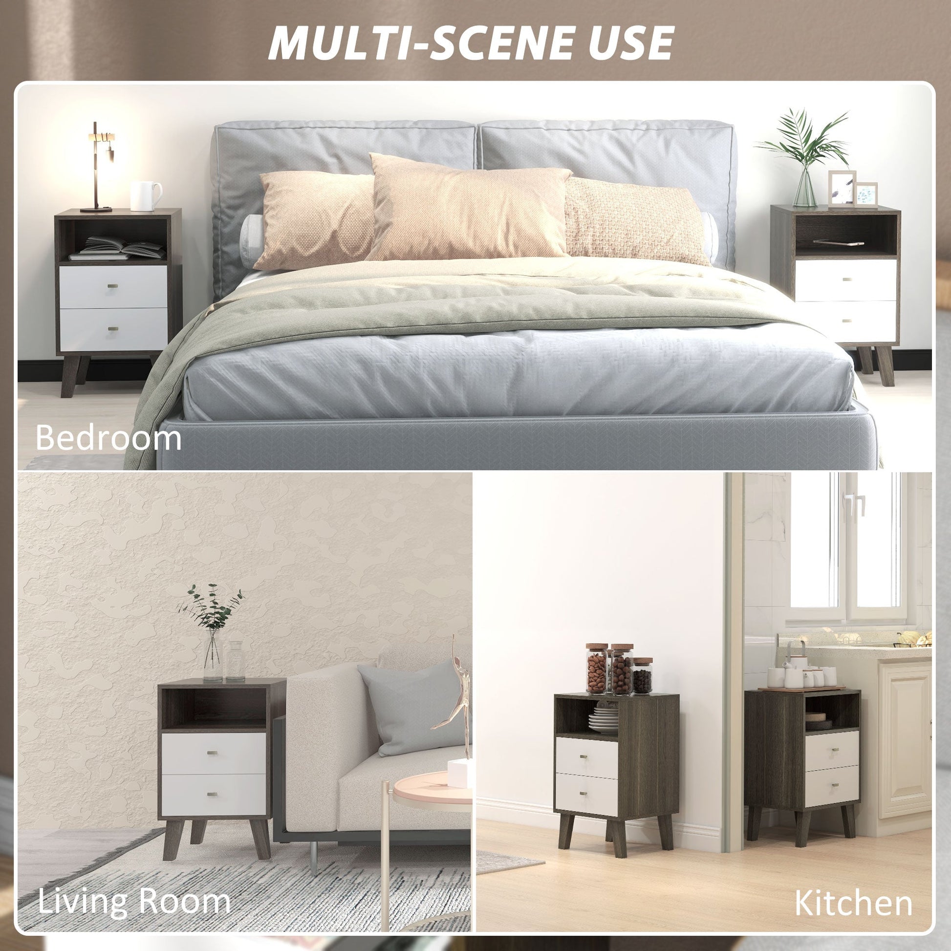 HOMCOM Bedside Tables Set of 2, Modern Nightstand with 2 Drawers and Open Cubby, Sofa Side End Table for Bedroom, 40 x 34 x 64cm, Grey