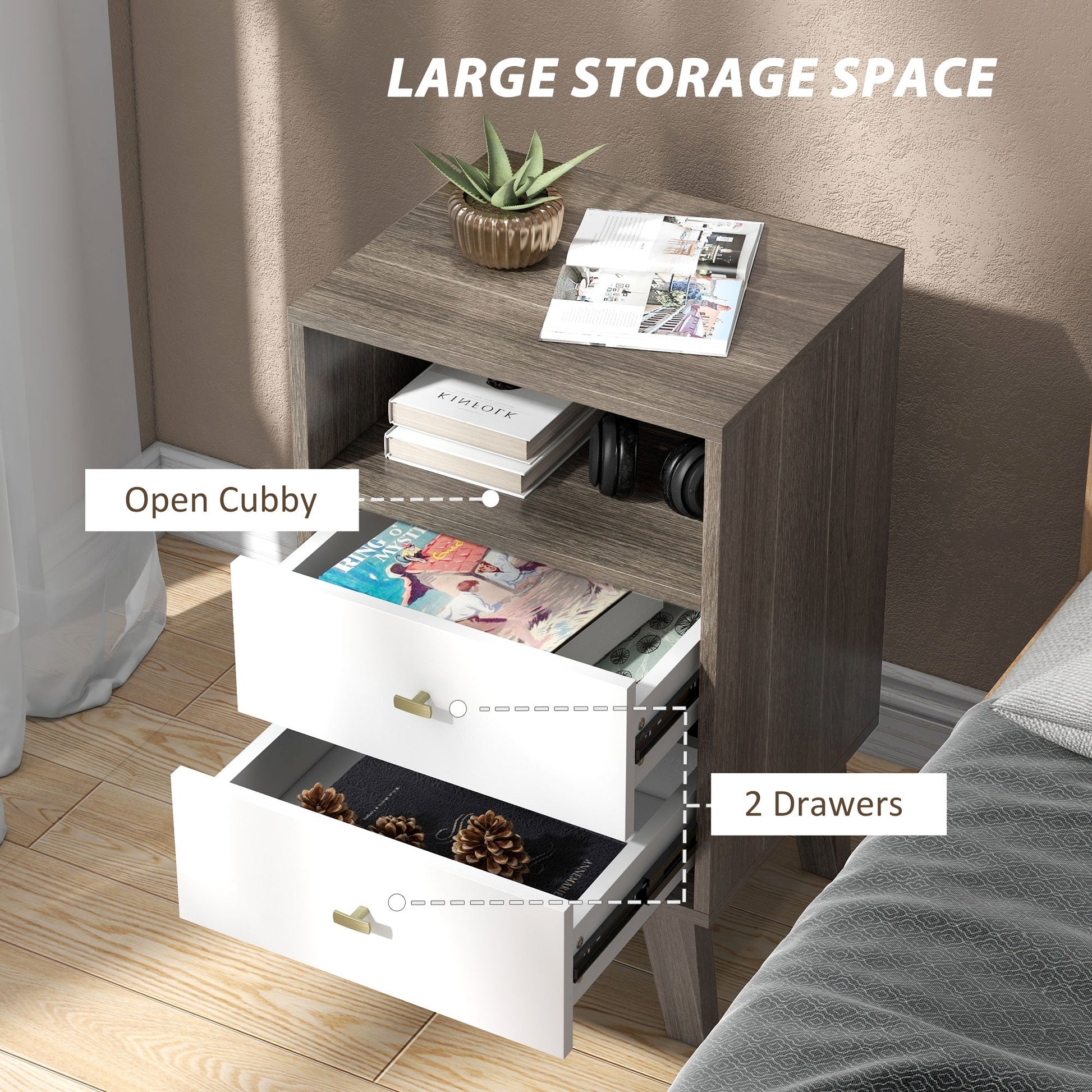 HOMCOM Bedside Tables Set of 2, Modern Nightstand with 2 Drawers and Open Cubby, Sofa Side End Table for Bedroom, 40 x 34 x 64cm, Grey
