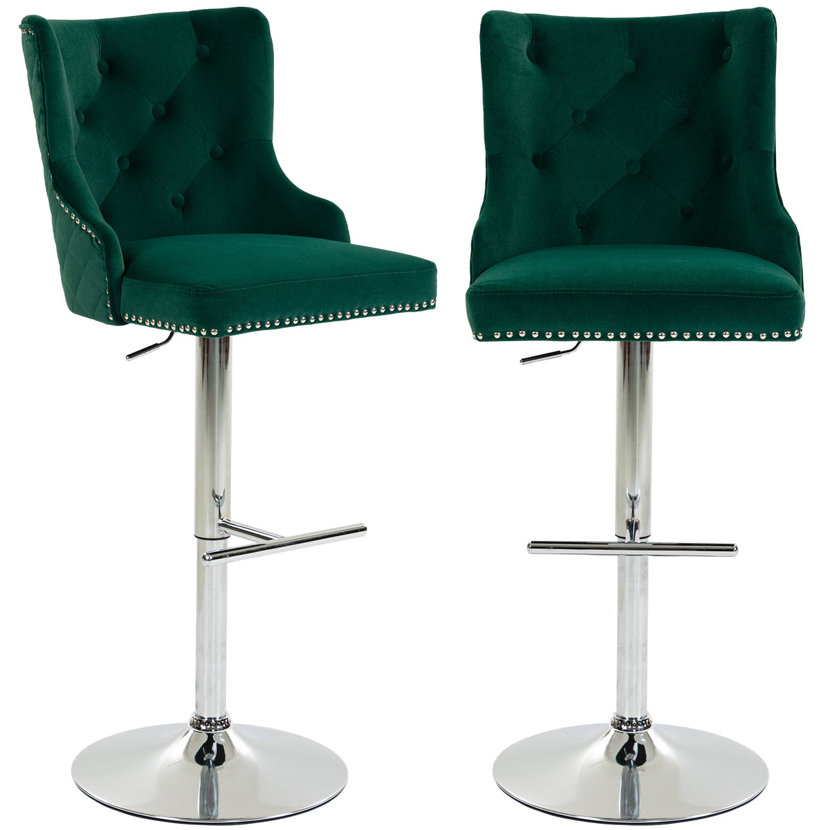 Bar Stools Set of 2, Modern Swivel & Adjustable Velvet Barstools with Button-Tufted Back, Footrest, Nailhead Trim for Home Bar, Green