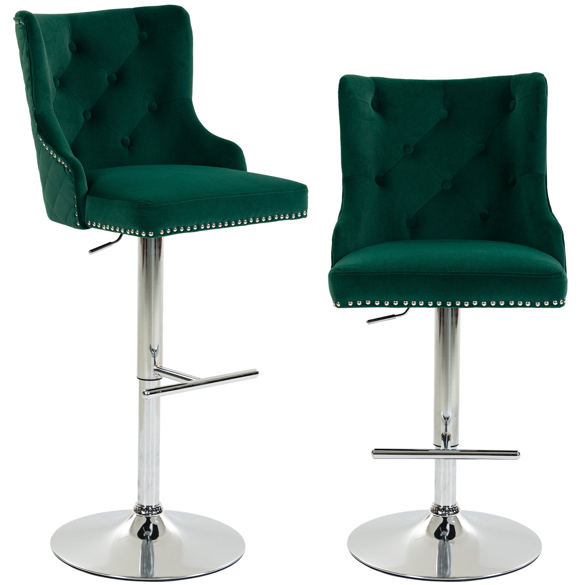 Bar Stools Set of 2, Modern Swivel & Adjustable Velvet Barstools with Button-Tufted Back, Footrest, Nailhead Trim for Home Bar, Green