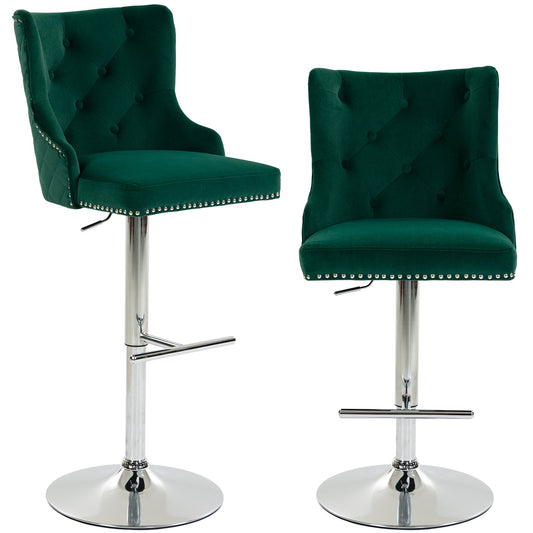 Bar Stools Set of 2, Modern Swivel & Adjustable Velvet Barstools with Button-Tufted Back, Footrest, Nailhead Trim for Home Bar, Green