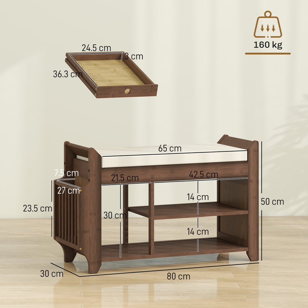 Shoe Bench with Cushioned Seat, Shoe Storage Bench with Side Holder and Boot Section, 2-Tier Natural Bamboo Entryway Rack for Hallway, Living Room, 100 x 30 x 50 cm, Dark Brown and Cream