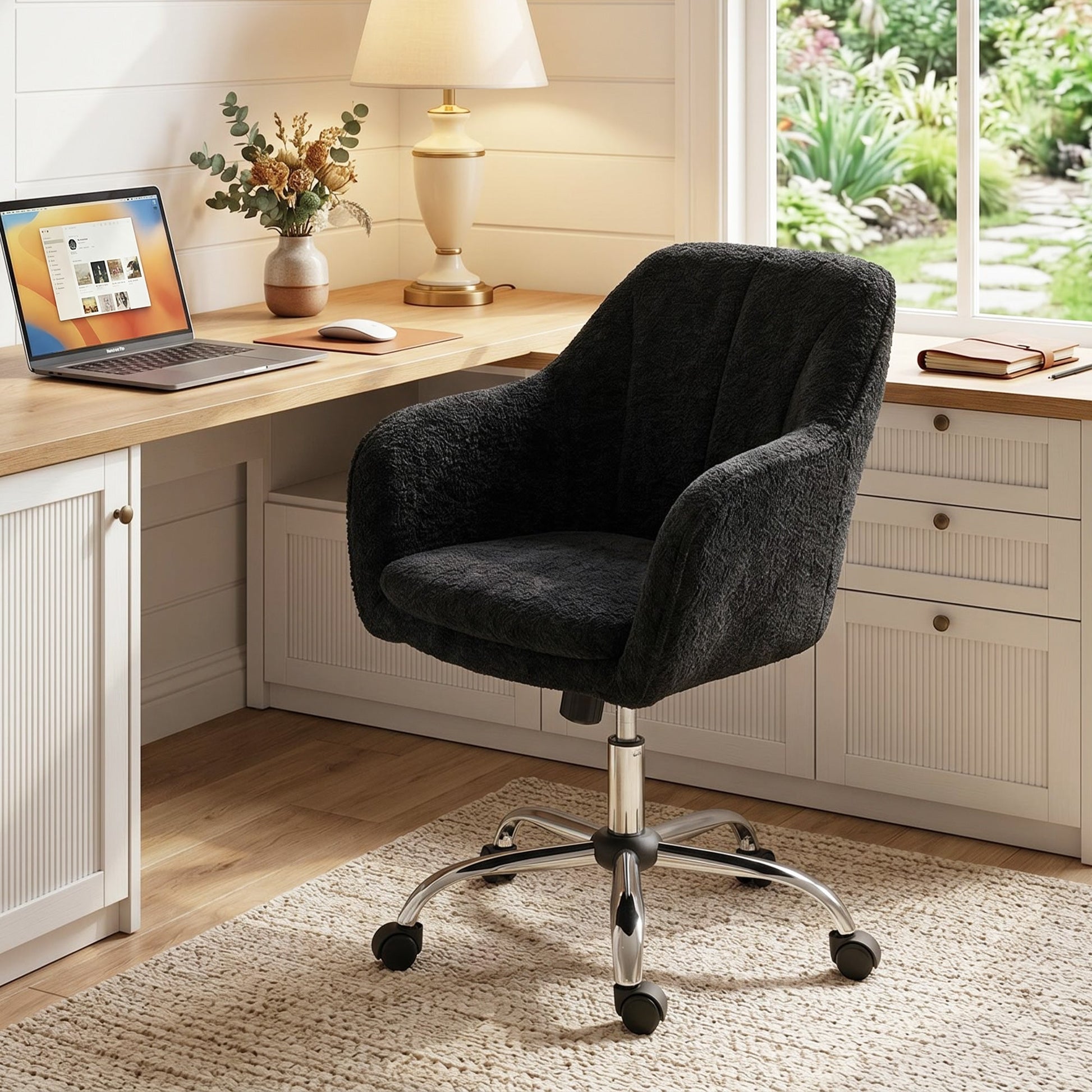 Snow Flannel Office Chair, Modern Makeup Vanity Chair with Tub Back, Swivel Rolling Computer Armchair for Bedroom, Living Room, Black
