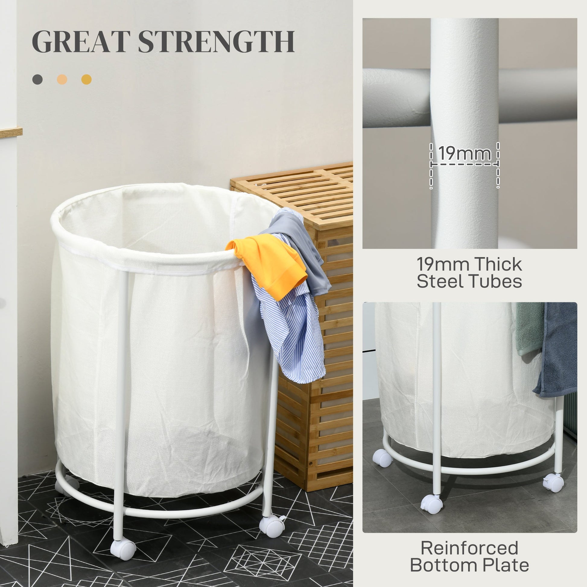 HOMCOM 100L Rolling Laundry Basket on Wheels, 50cm Round Laundry Hamper with Removable Bag and Steel Frame for Bedroom, Bathroom, Laundry Room, Cream White