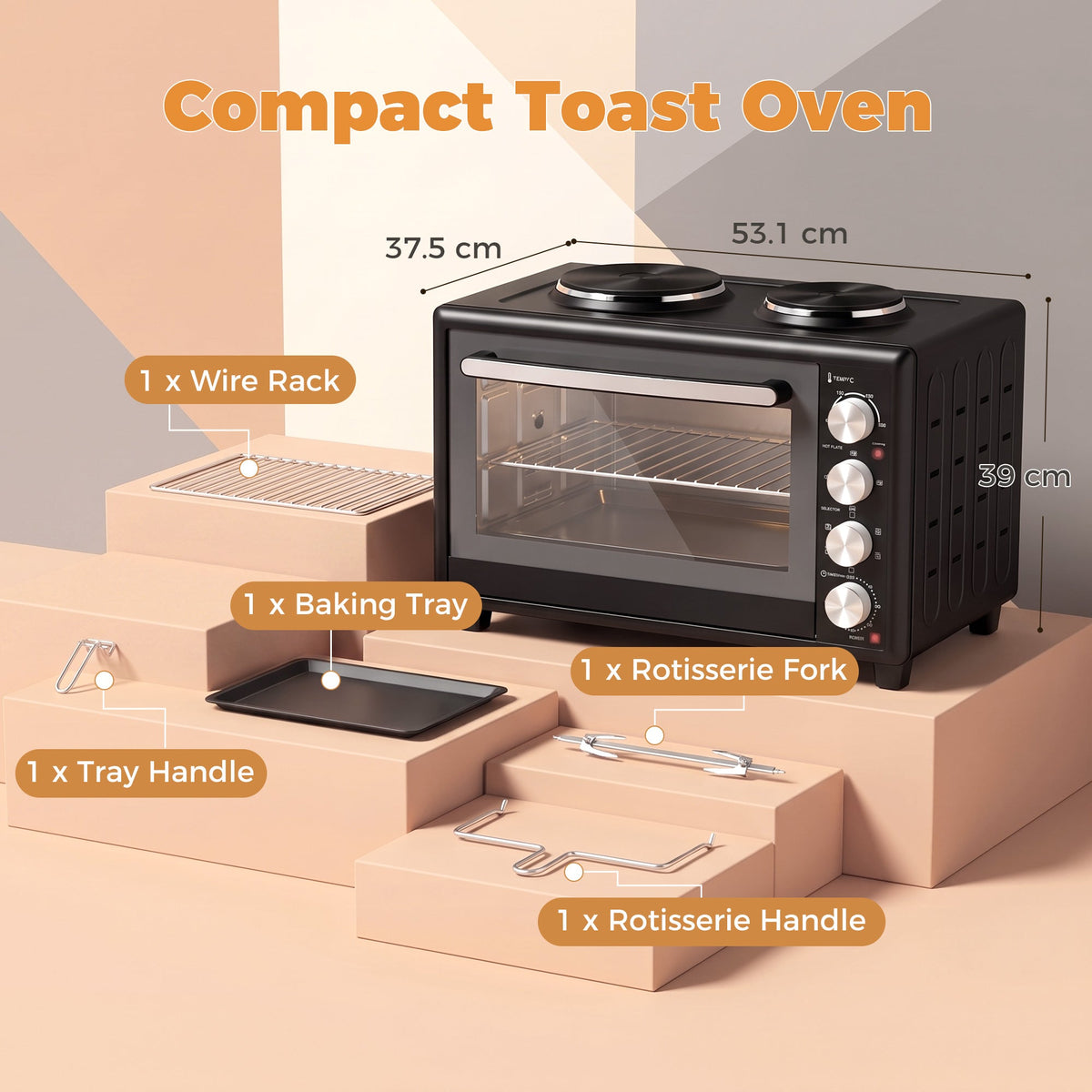 36L Mini Oven with Dual Hot Plates, Electric Countertop Cooker with Convection, 90–230°C Adjustable Temperature, 60 Minute Timer, Portable Oven with Wire Rack & Baking Tray, 1500W, Black