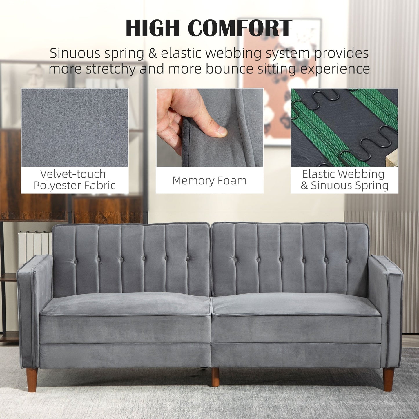 HOMCOM Modern 3 Seater Velvet Sofa Bed, Click Clack Sofa Bed, Button Tufted Sleeper Couch with Split Reclining Backrest and Rubber Wood Legs, Dark Grey