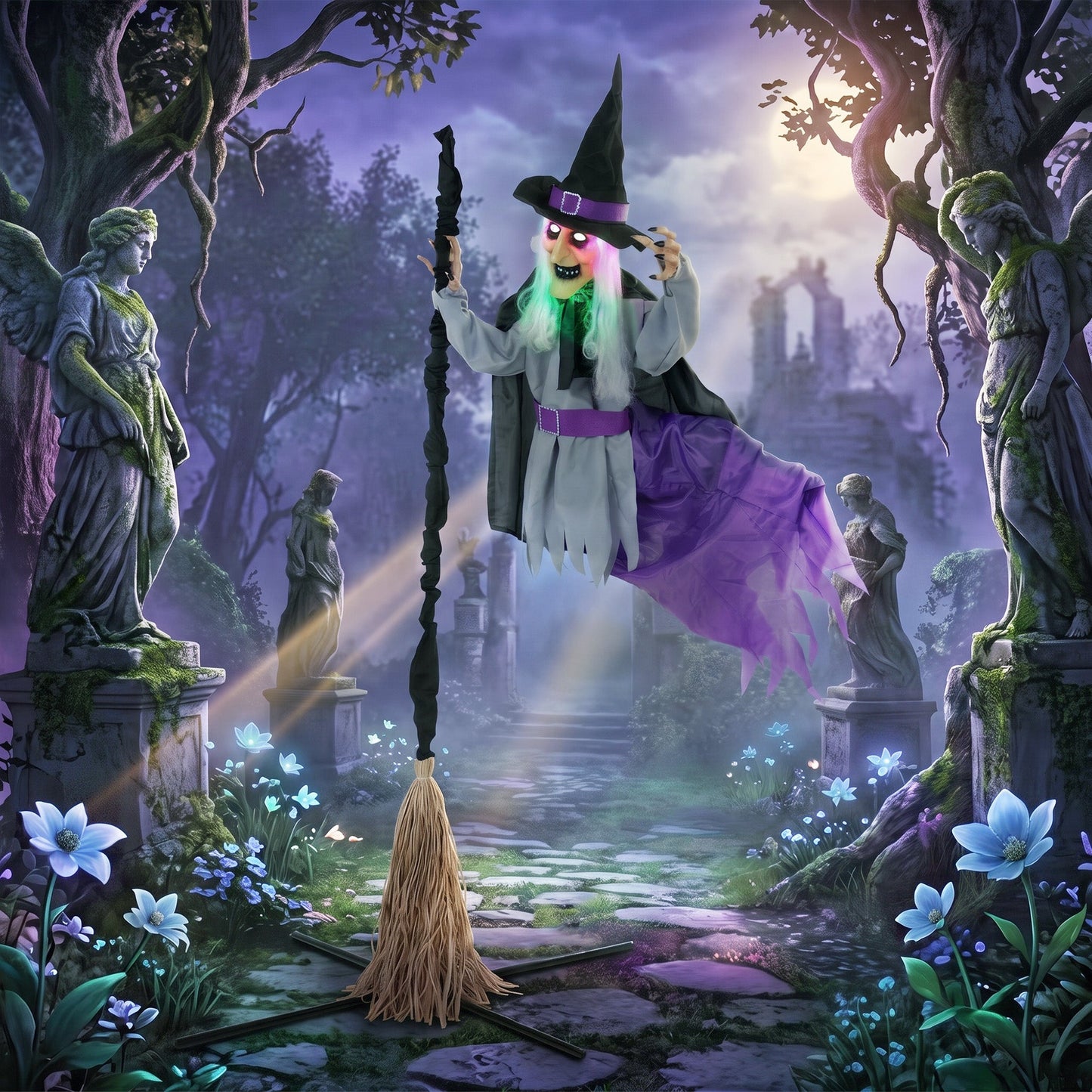79"/200cm Life Size Animated Flying Witch Halloween Decorations Outdoor Indoor, Scary Halloween Animatronics Decor with Sound Touch Activated, Light Up Animated Prop for Yard Garden