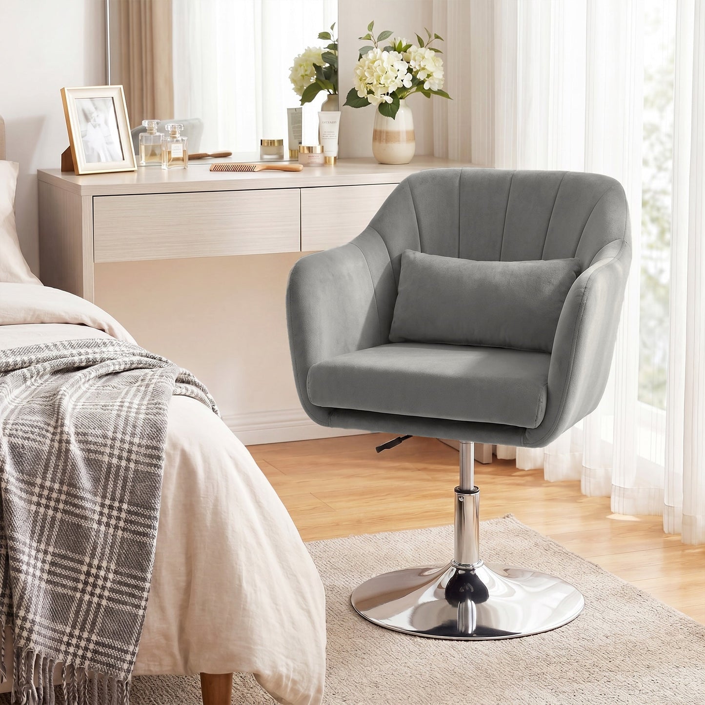 Swivel Accent Chair, Velvet Fabric Tub Vanity Chair, Modern Armchair with Adjustable Height and Lumbar Support for Living Room Bedroom Salon Make up Room Dressing Table, Grey