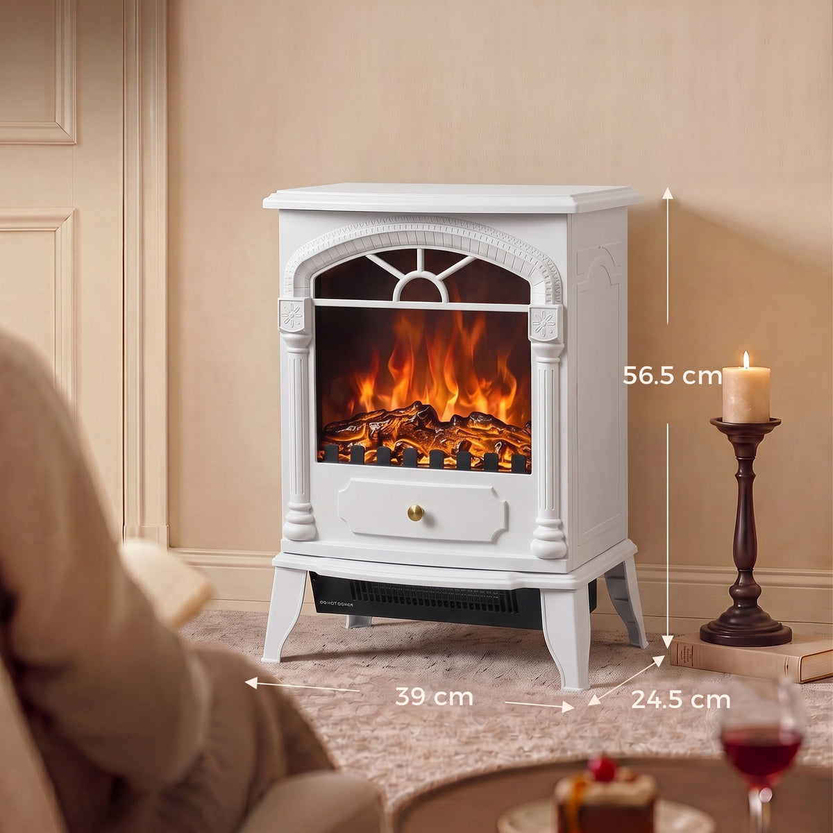 Electric Fireplace Stove Heater with 3D Flame Effect, 2000W/1000W, Freestanding Portable Fireplace with Adjustable Thermostat, 2 Heat Settings for Living Room, White