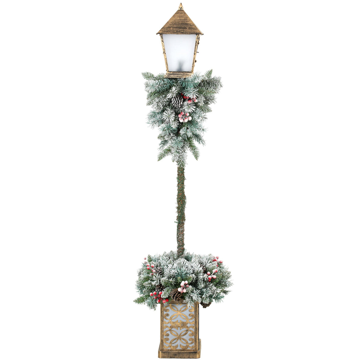 Christmas Street Lamp, Lighted Christmas Lamp Post with 50 LED Lights, 215 Snow Flocked Tips, Red Berries, Pine Cones, IP44 Waterproof, Outdoor Tree Lamp for Home, Doorway and Porch