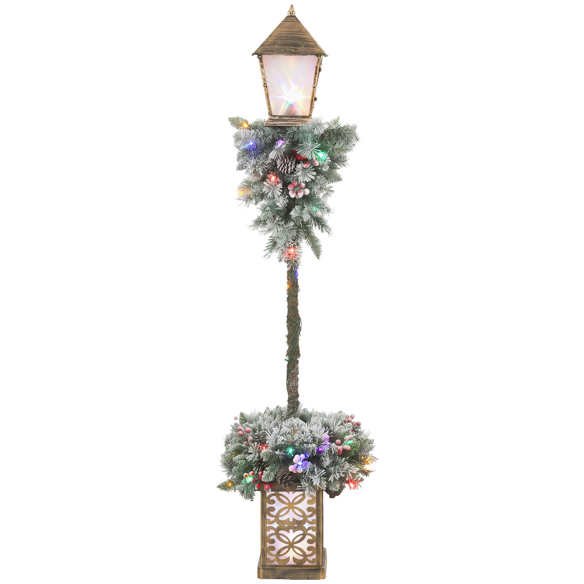 Christmas Street Lamp, Lighted Christmas Lamp Post with 50 LED Lights, 215 Snow Flocked Tips, Red Berries, Pine Cones, IP44 Waterproof, Outdoor Tree Lamp for Home, Doorway and Porch