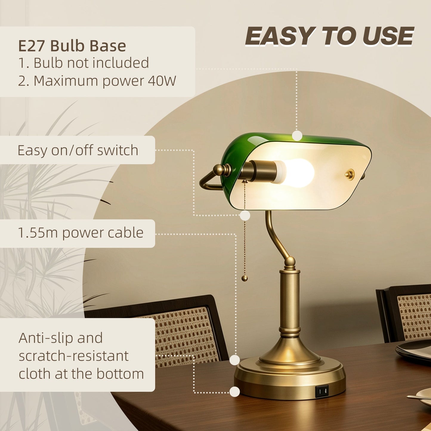 Banker's Table Lamp with Vintage Bronze Tone Base, Green Glass Shade, Pull Rope Switch, USB-A and USB-C Charging Ports for Home Office, Living Room, Bedroom, Dining Room