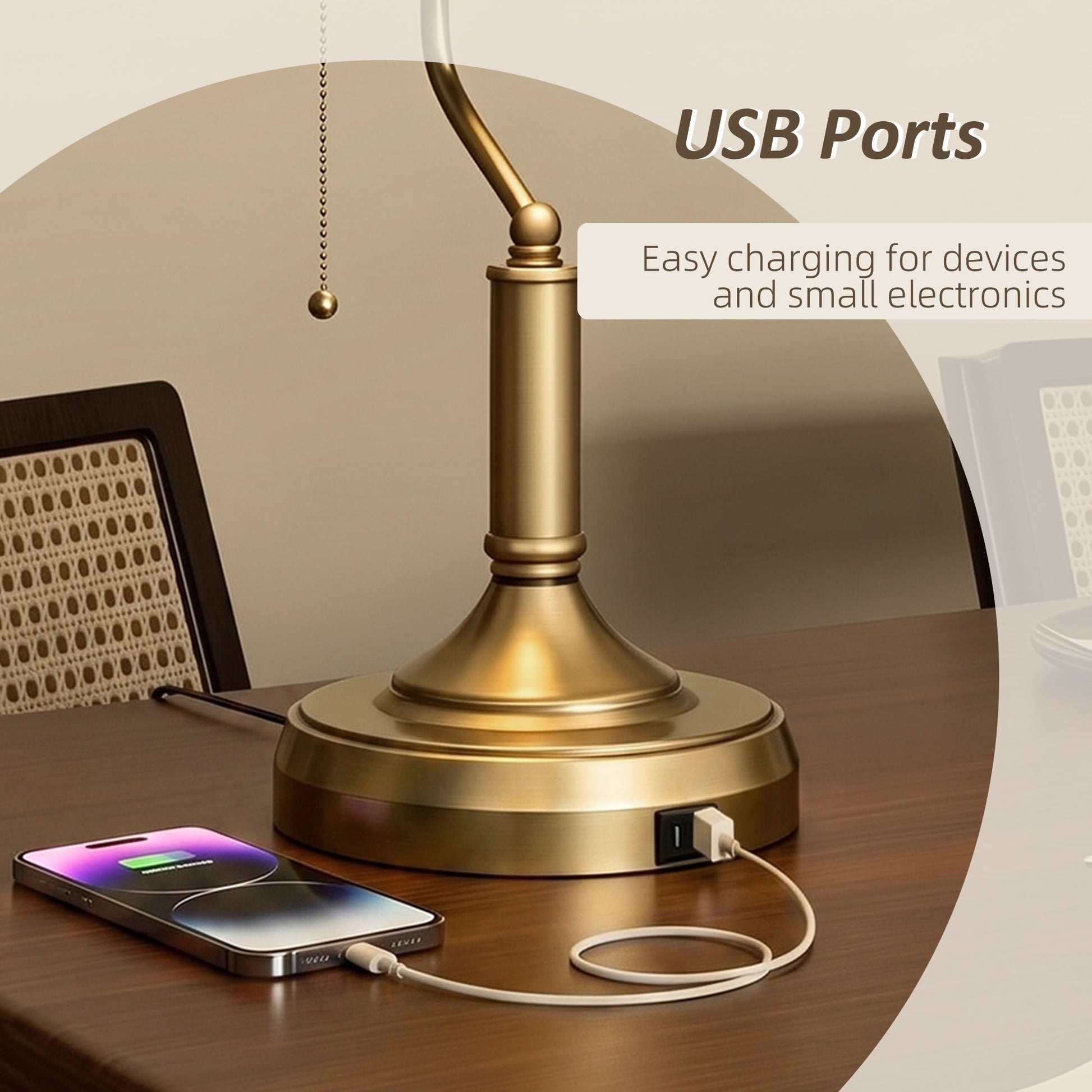 Banker's Table Lamp with Vintage Bronze Tone Base, Green Glass Shade, Pull Rope Switch, USB-A and USB-C Charging Ports for Home Office, Living Room, Bedroom, Dining Room