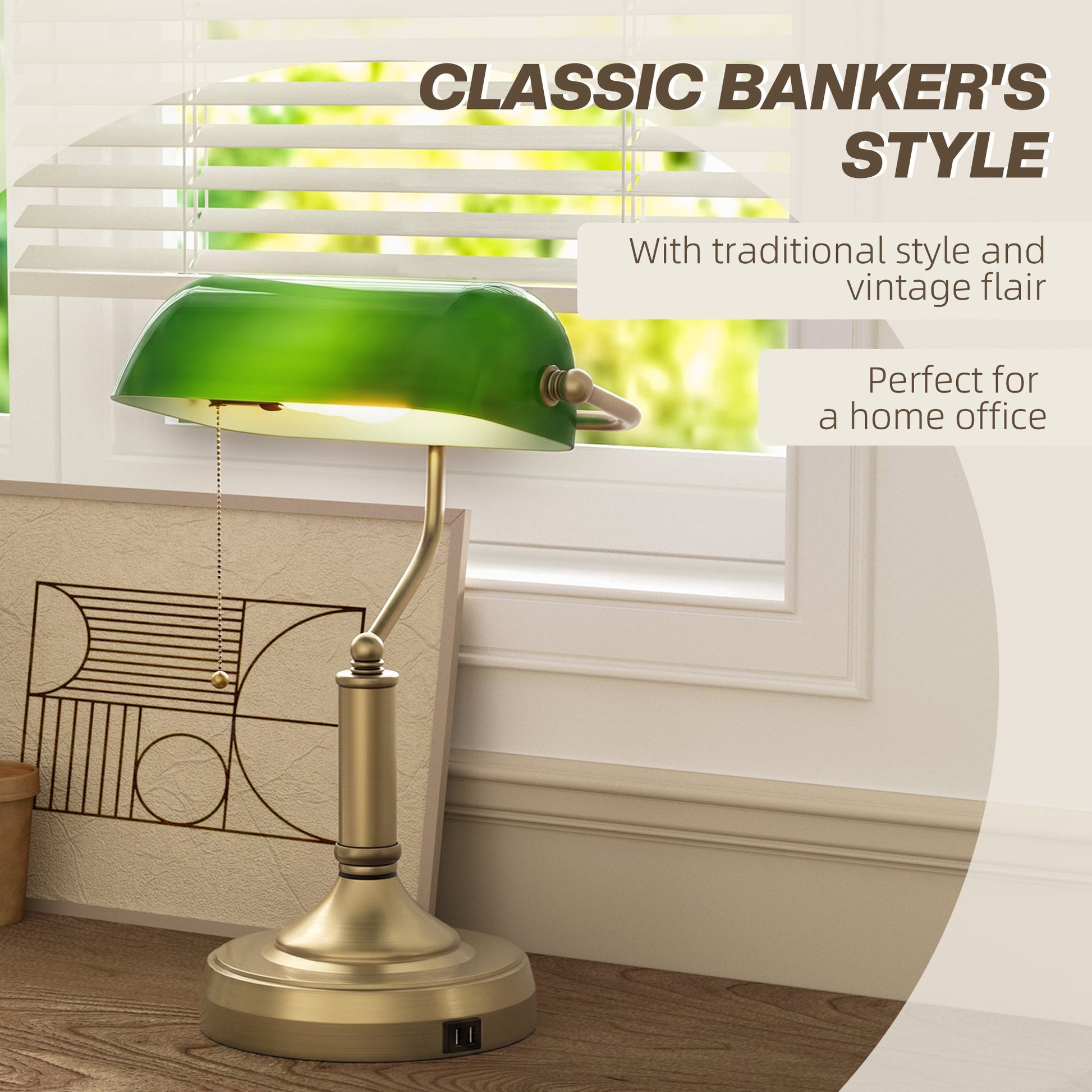 Banker's Table Lamp with Vintage Bronze Tone Base, Green Glass Shade, Pull Rope Switch, USB-A and USB-C Charging Ports for Home Office, Living Room, Bedroom, Dining Room