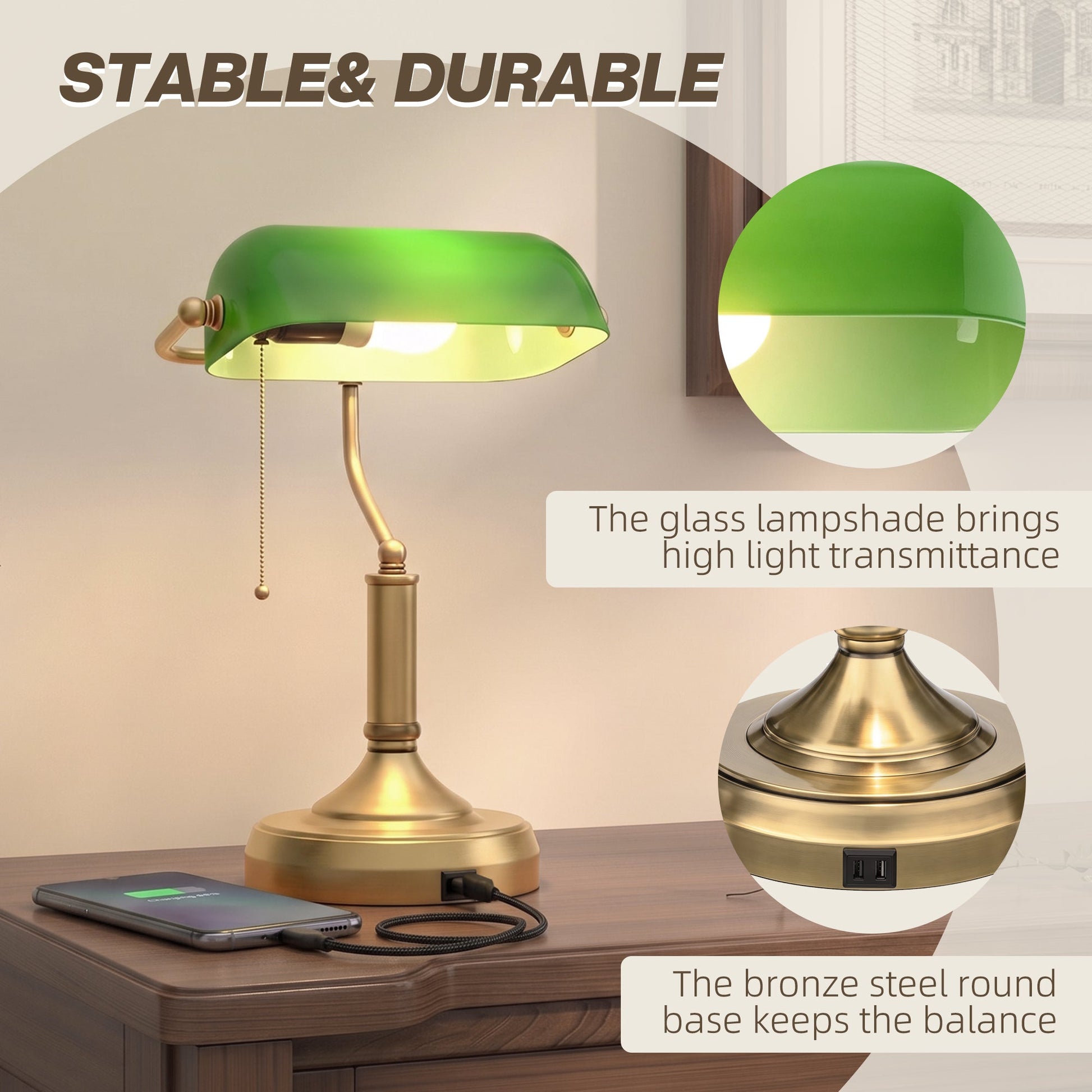 Banker's Table Lamp with Vintage Bronze Tone Base, Green Glass Shade, Pull Rope Switch, USB-A and USB-C Charging Ports for Home Office, Living Room, Bedroom, Dining Room