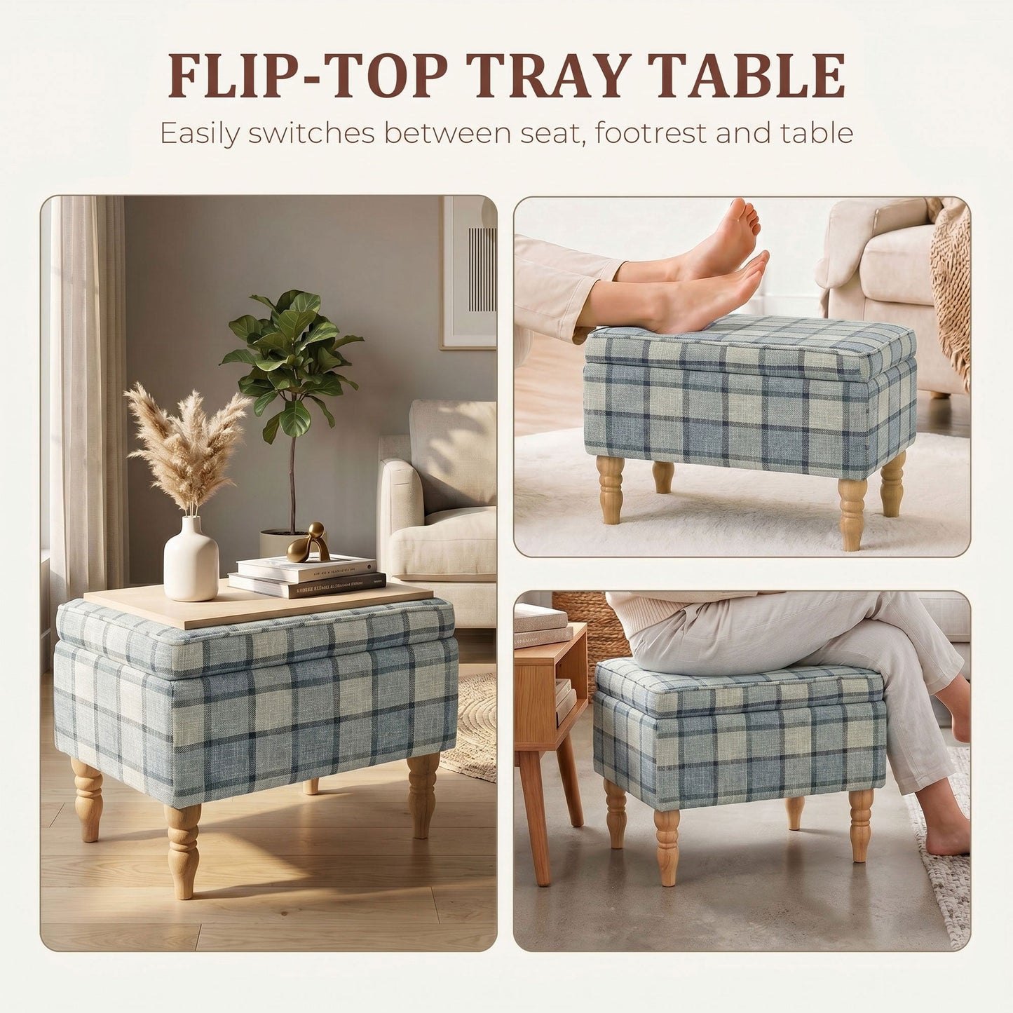Rectangular Storage Stool, Linen-Look Fabric Upholstered Footstool with Removable Top, Padded Seat and Hidden Space for Living Room, Bedroom, Grey