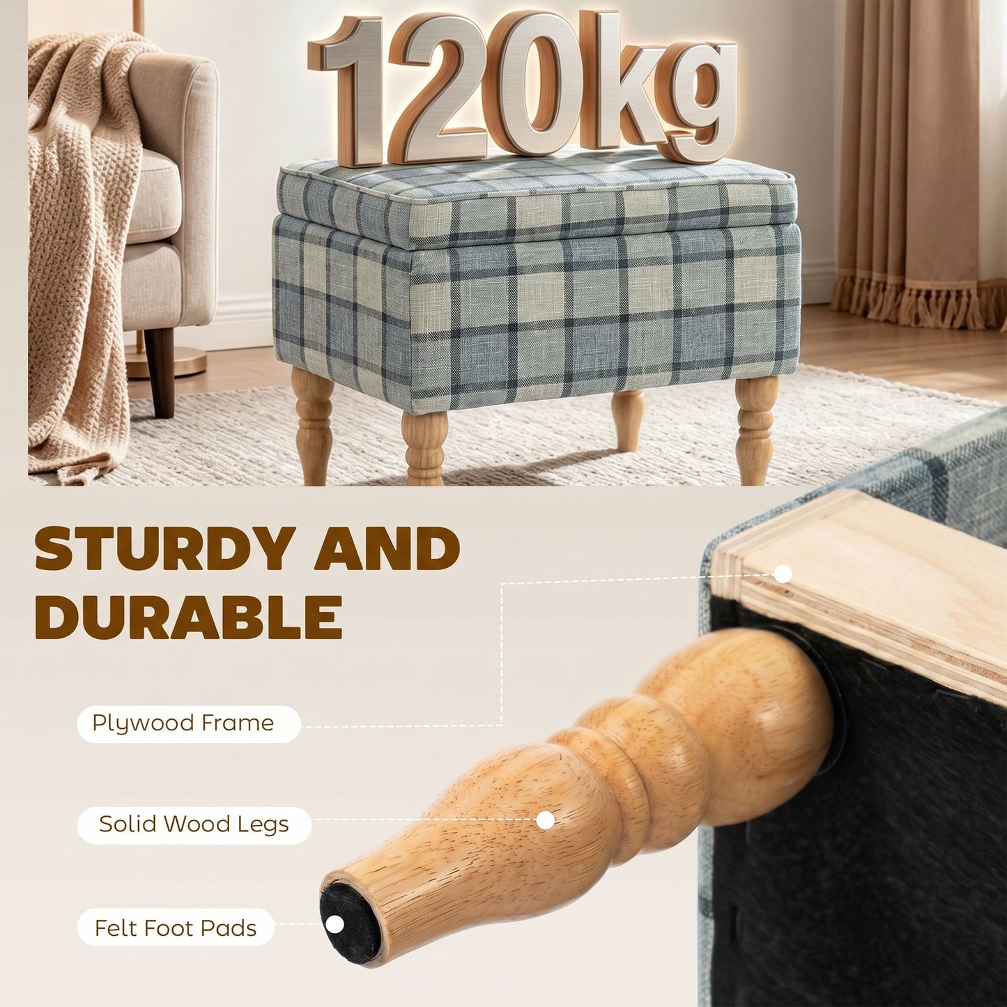 Rectangular Storage Stool, Linen-Look Fabric Upholstered Footstool with Removable Top, Padded Seat and Hidden Space for Living Room, Bedroom, Grey