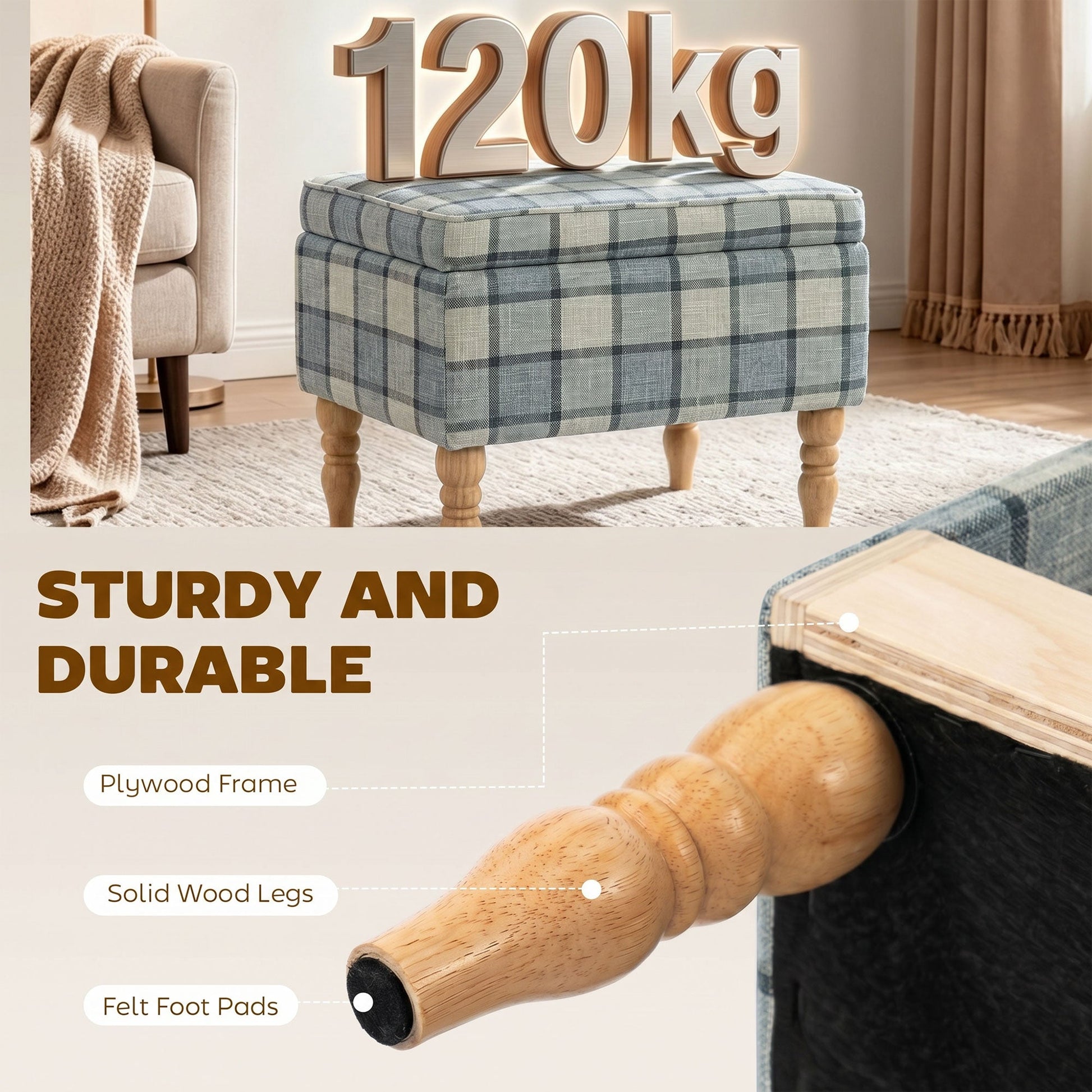 Rectangular Storage Stool, Linen-Look Fabric Upholstered Footstool with Removable Top, Padded Seat and Hidden Space for Living Room, Bedroom, Grey