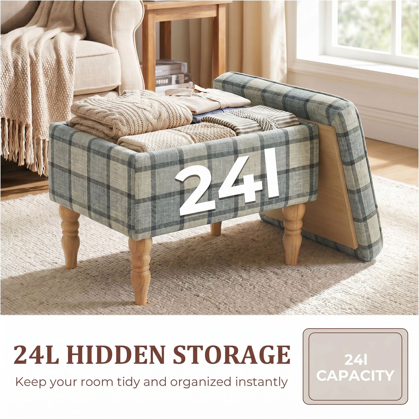 Rectangular Storage Stool, Linen-Look Fabric Upholstered Footstool with Removable Top, Padded Seat and Hidden Space for Living Room, Bedroom, Grey