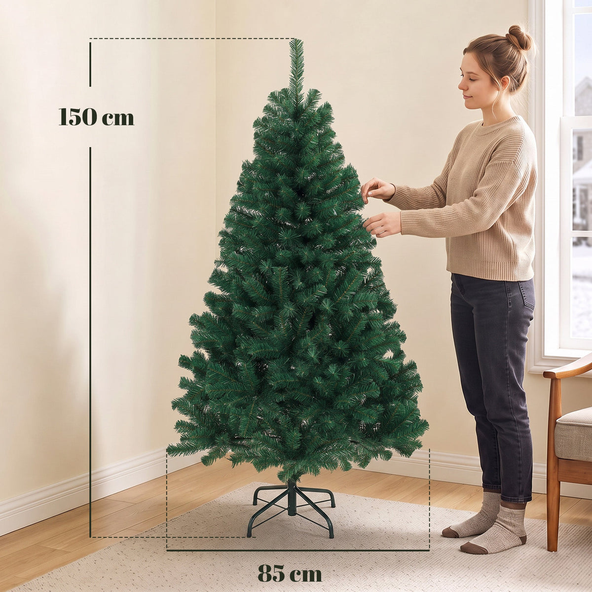 5ft/150cm Artificial Christmas Tree, Fir Hinged Xmas Tree with 420 Branch Tips, Foldable Steel Stand, Easy Assembly for Home Office Holiday Decoration, Green