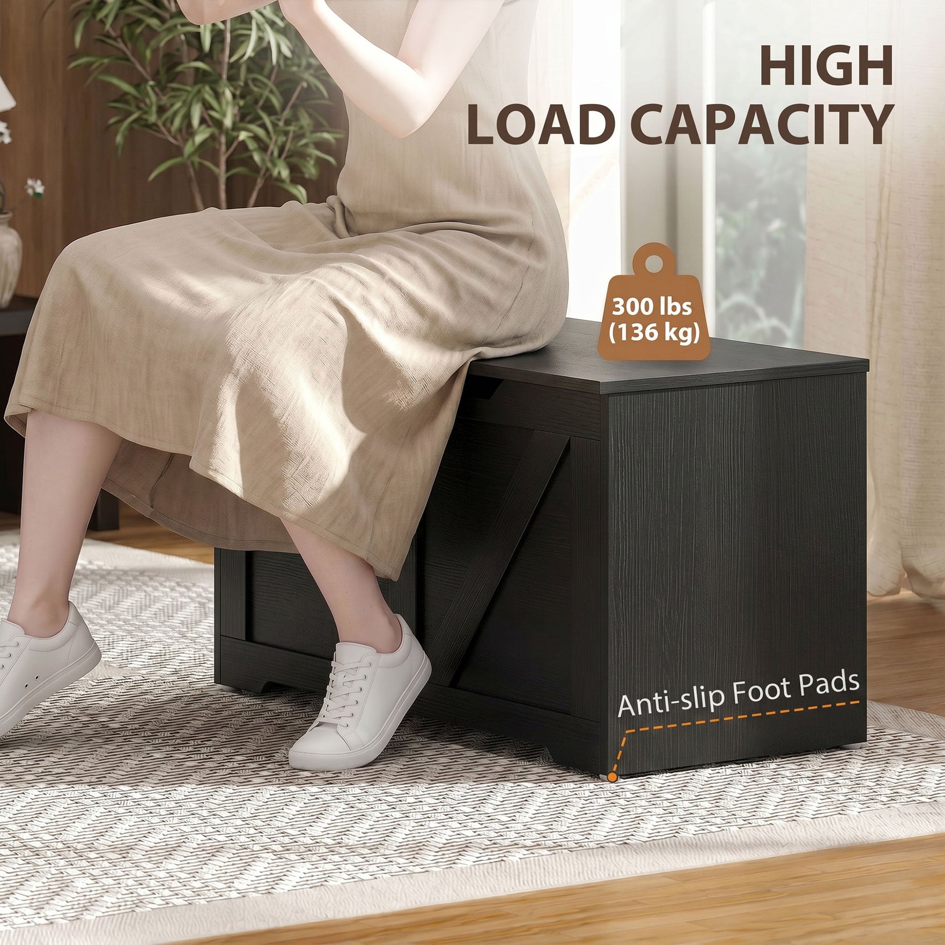 100L Storage Chest, Shoe Storage Trunk Bench Box with Safety Hinge and U-shaped Cut-out Pull, Blanket Box Ottoman for Bedroom, Living Room, Entryway, 80 x 40 x 45 cm, Black Wood-Effect
