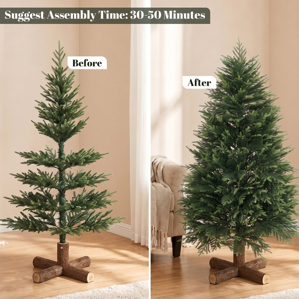 5ft Artificial Christmas Tree, Hinged Xmas Tree with Dense 513 PE & PVC Branch Tips, Realistic Fir Wood Base, Auto Open for Home Office Decor, Green