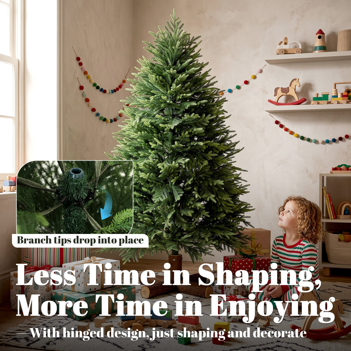 5ft Artificial Christmas Tree, Hinged Xmas Tree with Dense 513 PE & PVC Branch Tips, Realistic Fir Wood Base, Auto Open for Home Office Decor, Green