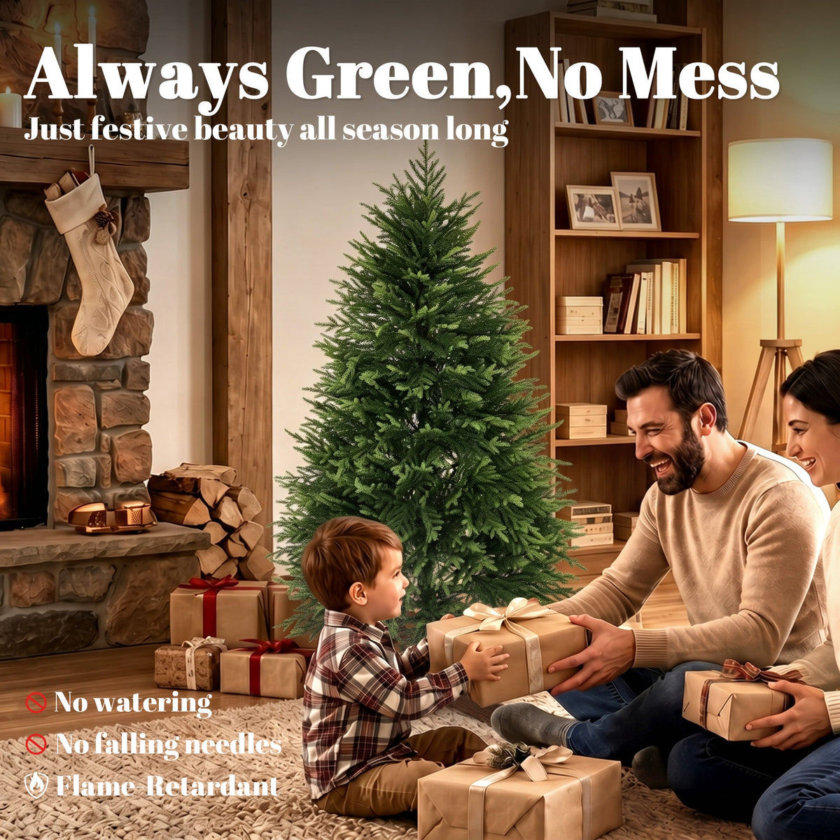 5ft Artificial Christmas Tree, Hinged Xmas Tree with Dense 513 PE & PVC Branch Tips, Realistic Fir Wood Base, Auto Open for Home Office Decor, Green