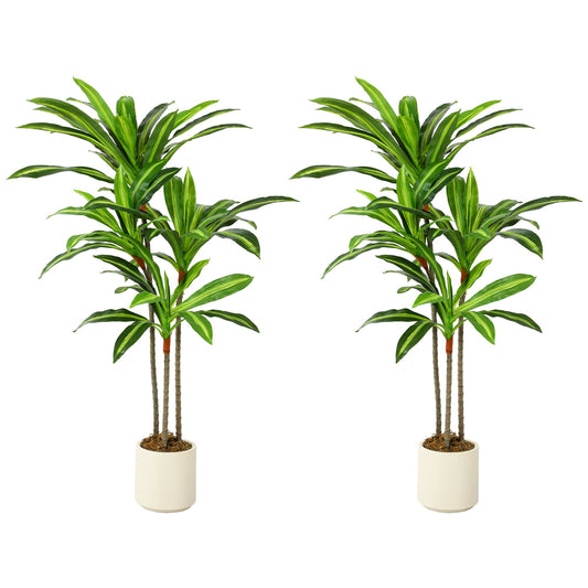 Set of 2 120cm Artificial Dracaena Trees, Decorative Artificial Plants with Bendable Trunks and White Planters for Living Room Bedroom Home Office Decor, Green