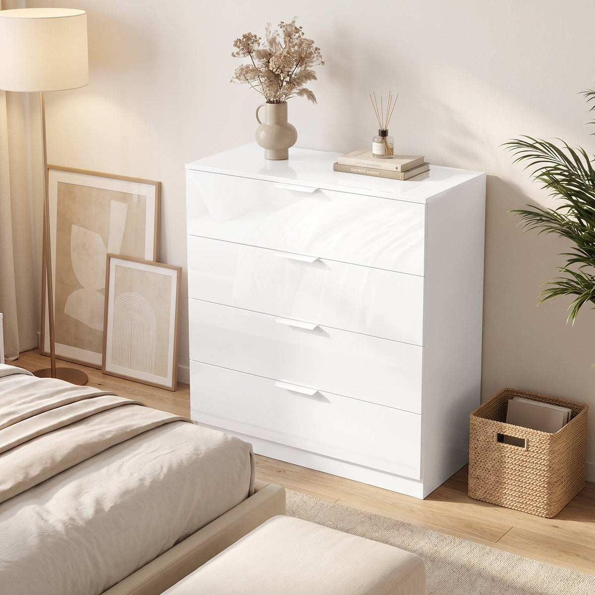 High Gloss Chest of Drawers with 4 Drawers, Modern Space-Saving Bedroom Storage Unit with Smooth Runners, Wooden Cupboard for Living Room, Office, Hallway, 70 x 34 x 79 cm, White