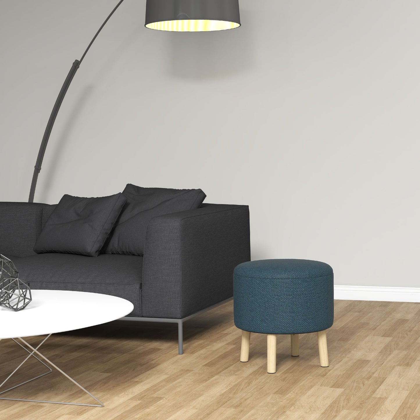 HOMCOM Round Storage Stool, Linen Fabric Upholstered Foot Stool with Removable Top, Padded Seat, Hidden Space and Wooden Legs for Living Room, Blue