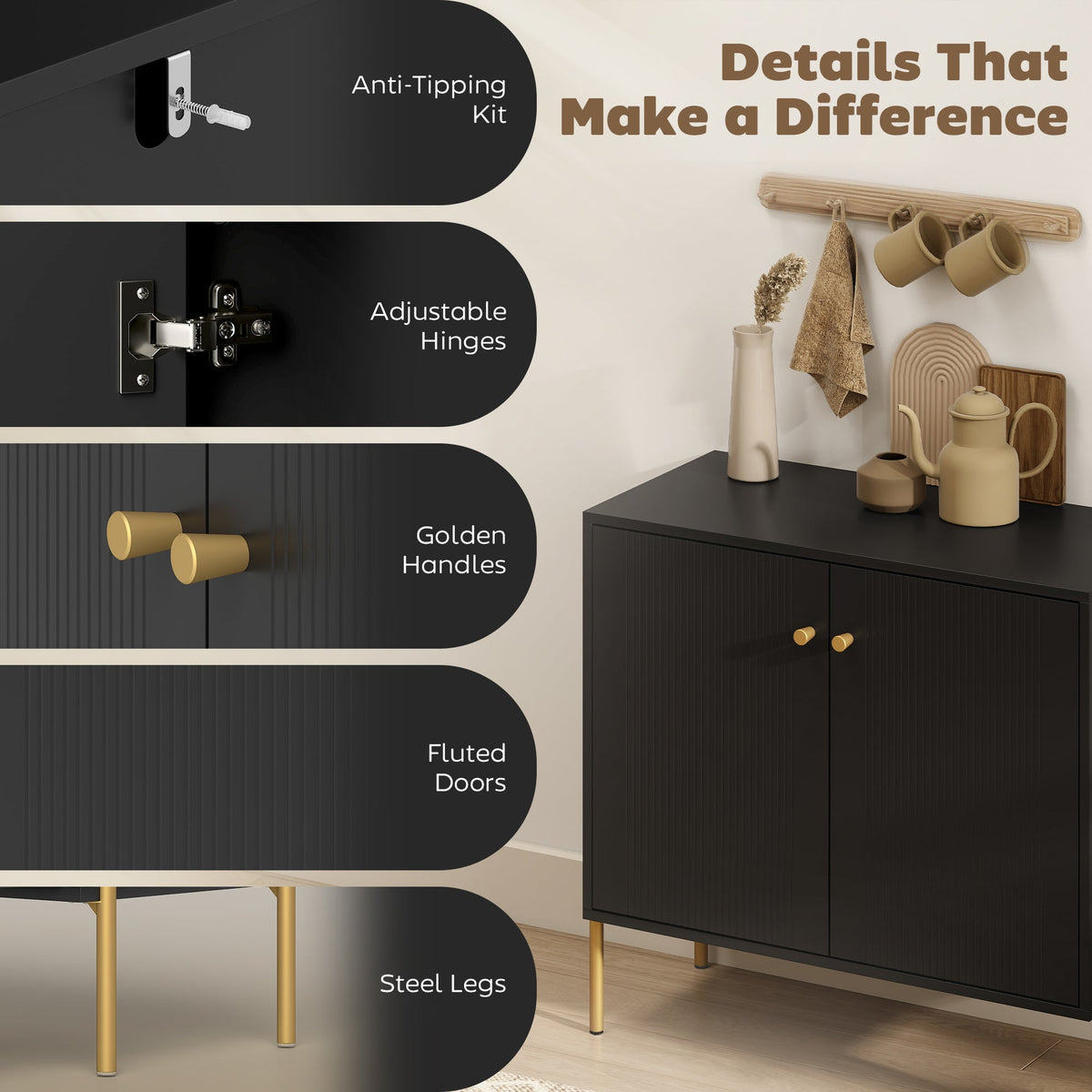 Modern Sideboard Buffet Cabinet with Fluted Doors, Coffee Bar Cabinet with Adjustable Shelf and Steel Legs for Kitchen, Dining Room, Living Room, Black