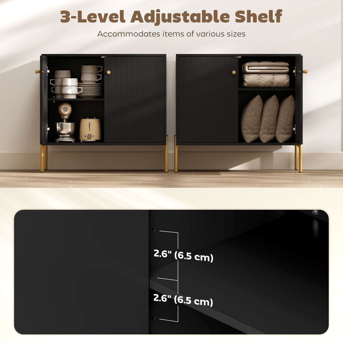 Modern Sideboard Buffet Cabinet with Fluted Doors, Coffee Bar Cabinet with Adjustable Shelf and Steel Legs for Kitchen, Dining Room, Living Room, Black