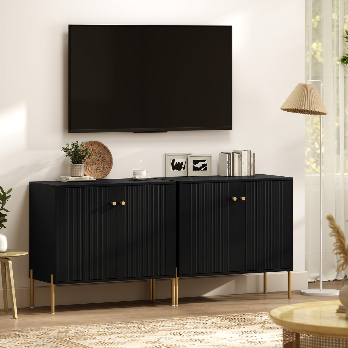 Modern Sideboard Buffet Cabinet with Fluted Doors, Coffee Bar Cabinet with Adjustable Shelf and Steel Legs for Kitchen, Dining Room, Living Room, Black