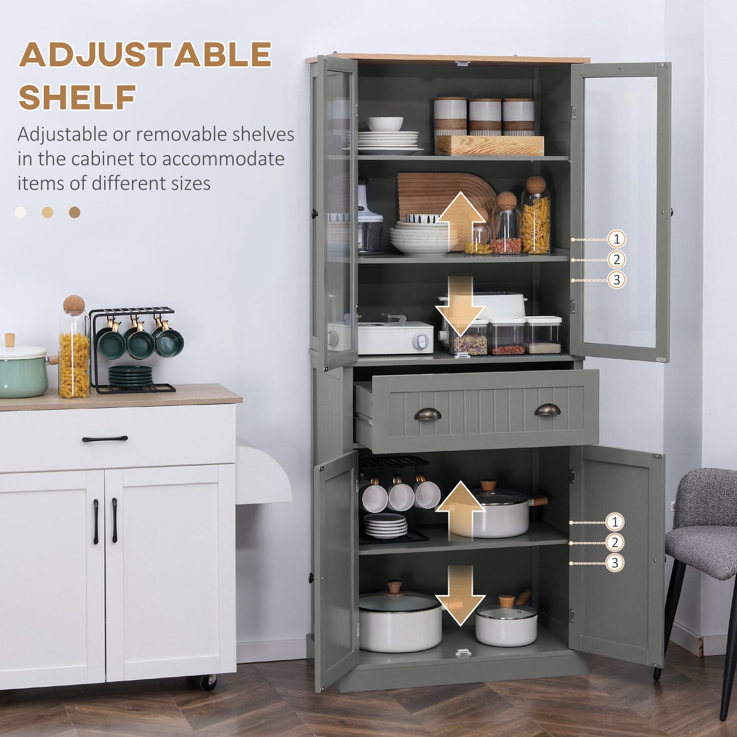 Freestanding Kitchen Cupboard, 5-tier Storage Cabinet with Adjustable Shelves and Drawer for Living Room, Dining Room, Grey