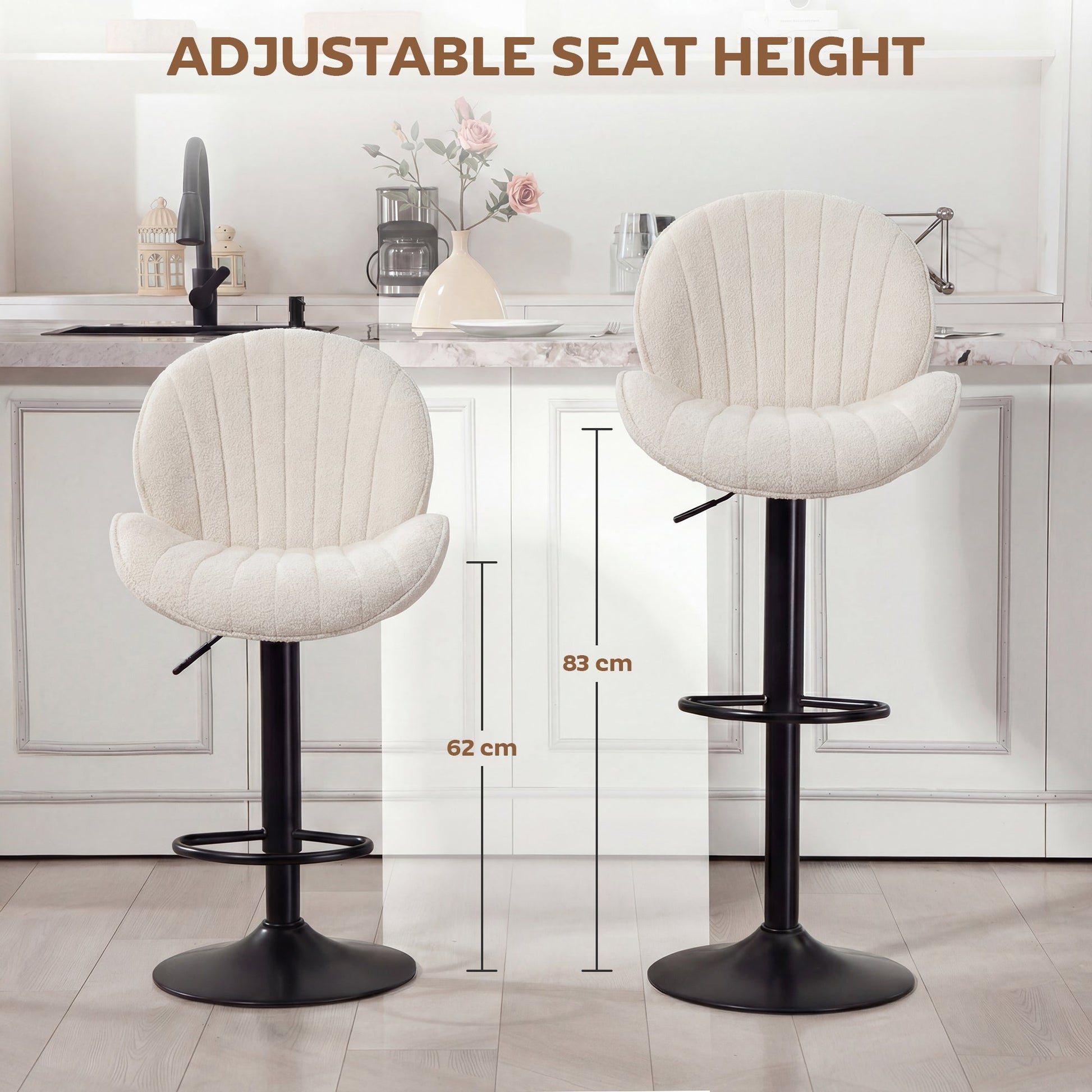 Bar Stools Set of 2, Swivel Counter Height Barstools with Back, Adjustable Height and Footrest, Chenille Upholstered Modern Bar Chairs for Kitchen Island, Dining Room, Cream