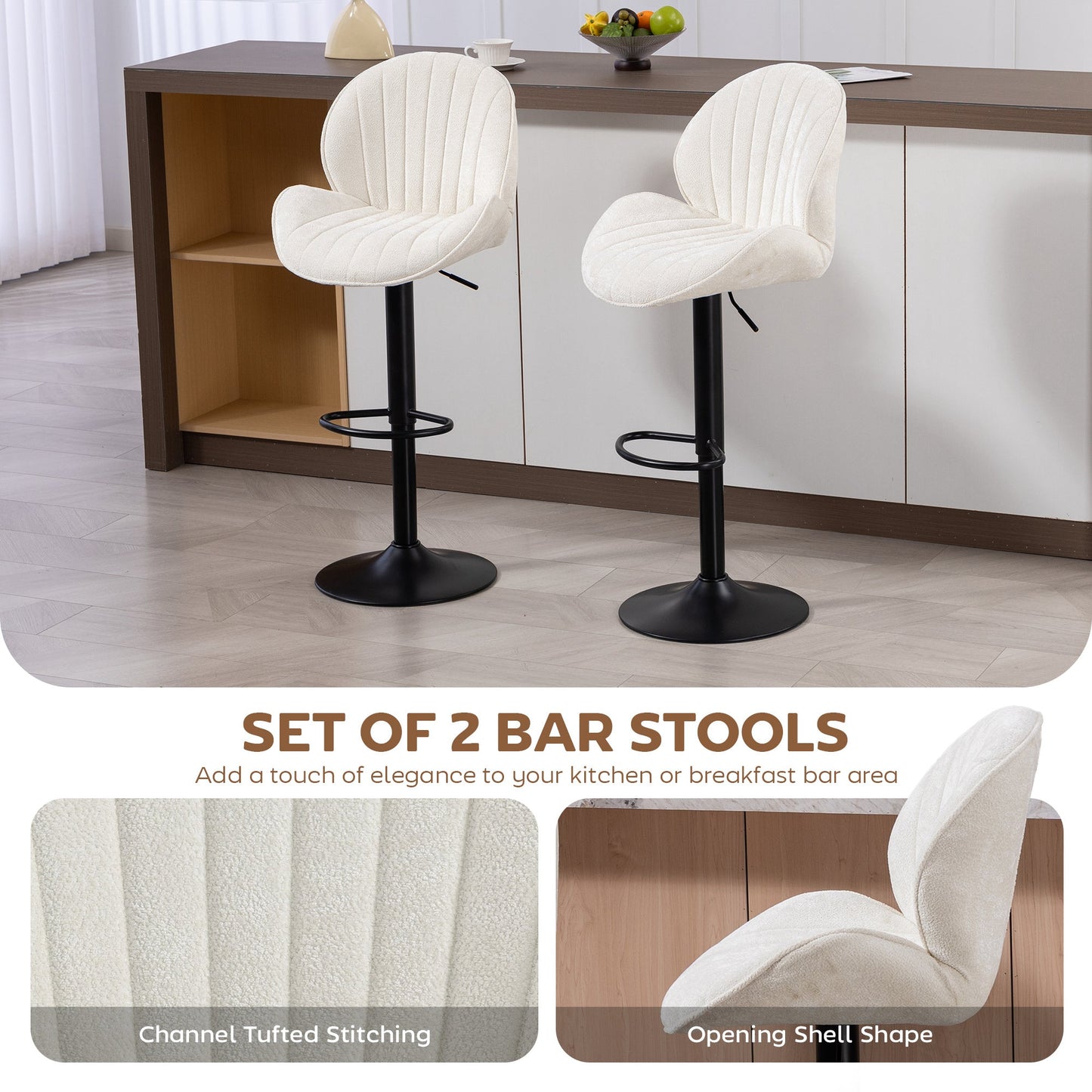 Bar Stools Set of 2, Swivel Counter Height Barstools with Back, Adjustable Height and Footrest, Chenille Upholstered Modern Bar Chairs for Kitchen Island, Dining Room, Cream