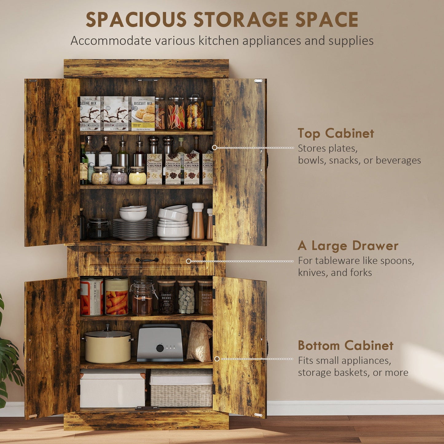 Kitchen Cupboard with 4 Doors, Freestanding Storage Cabinet with Wide Drawer and Shelves for Living Room, 180cm,Brown