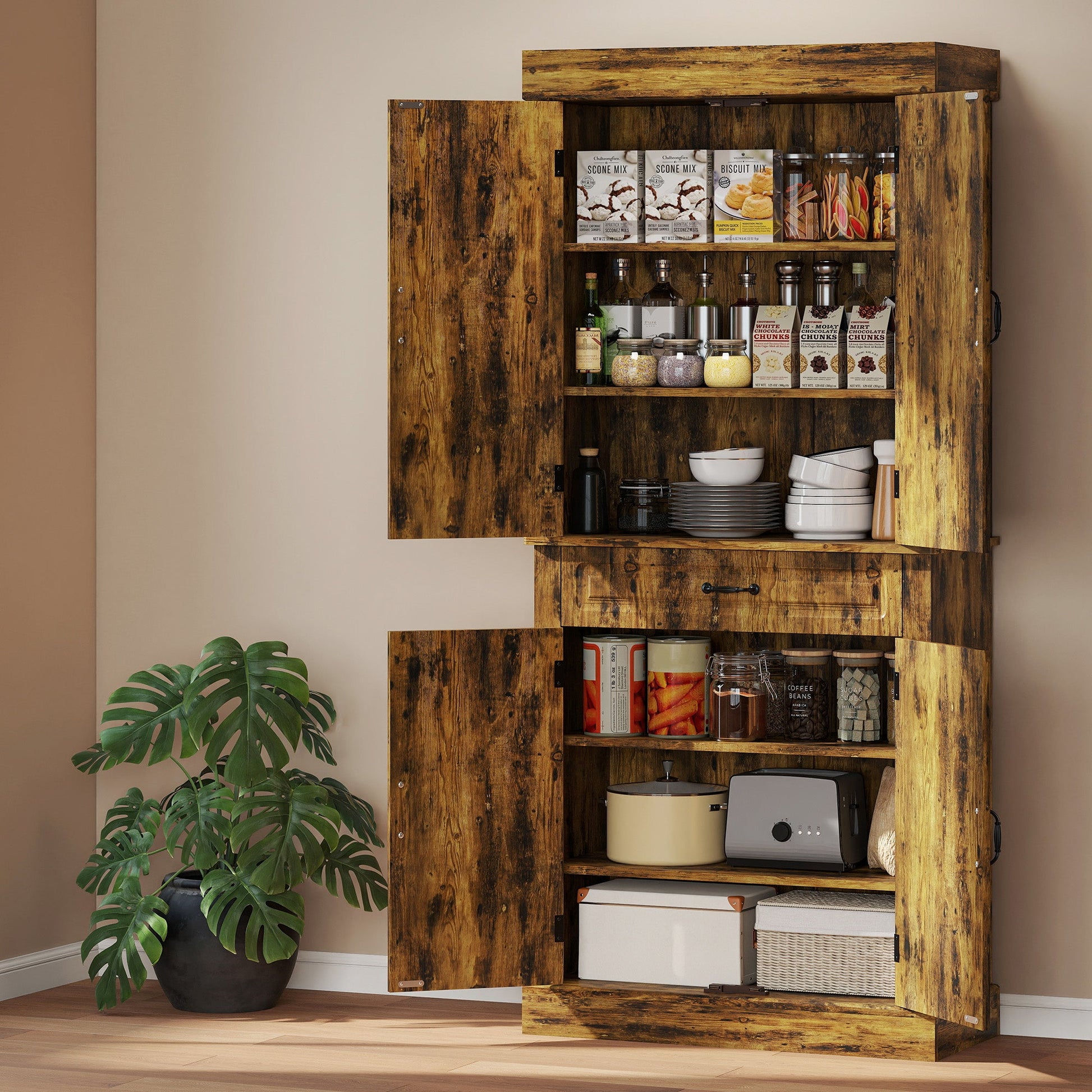 Kitchen Cupboard with 4 Doors, Freestanding Storage Cabinet with Wide Drawer and Shelves for Living Room, 180cm,Brown