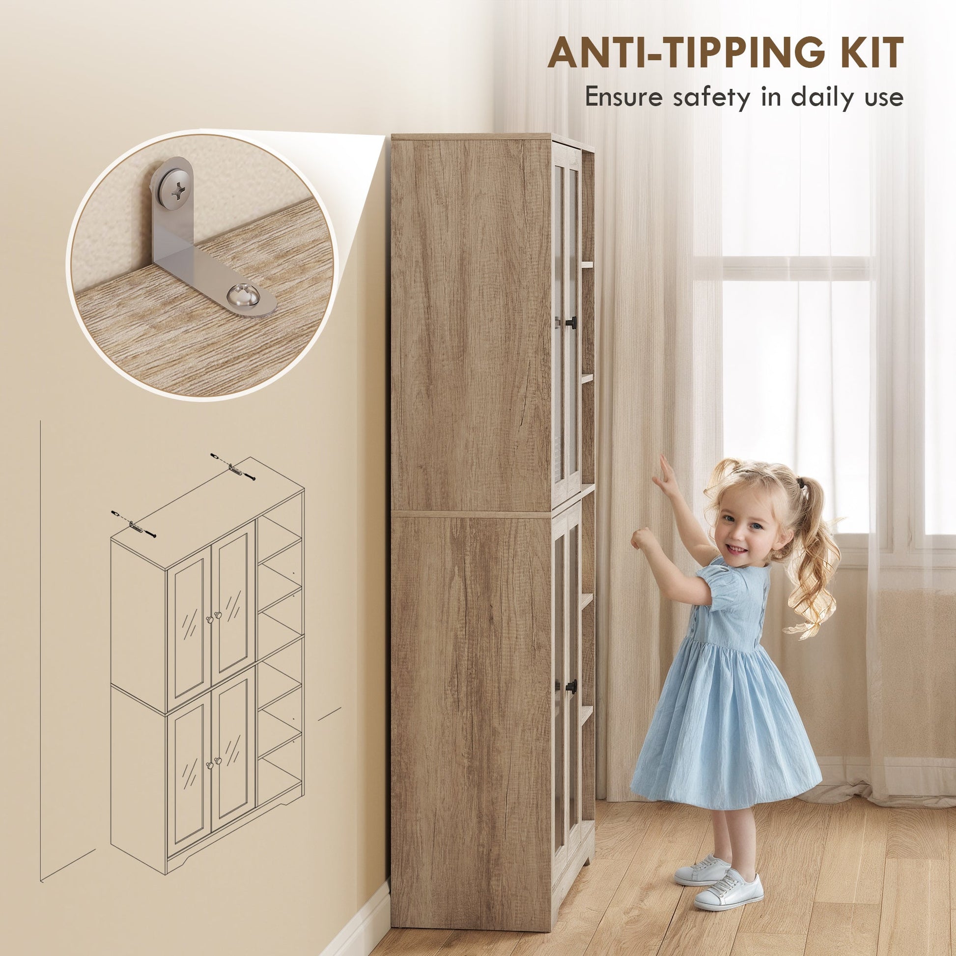 172 cm Tall Kitchen Cupboard, Pantry Storage Cabinet with Tempered Glass Doors and Soft-Close Hinges, Freestanding Kitchen Cabinet with Adjustable Shelves and 6 Open Shelves, Light Grey