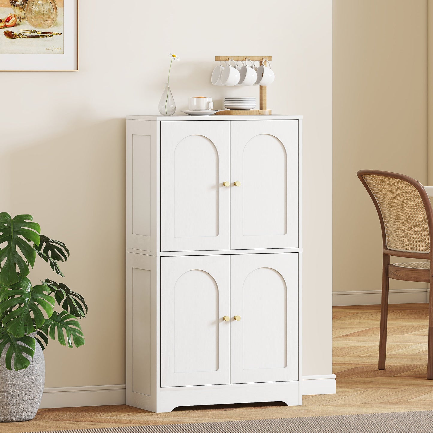 110cm Kitchen Cupboard, Freestanding Kitchen Storage Cabinet with 4 Arched Doors and 2 Adjustable Shelves, Modern Pantry Cupboard for Dining Room, White