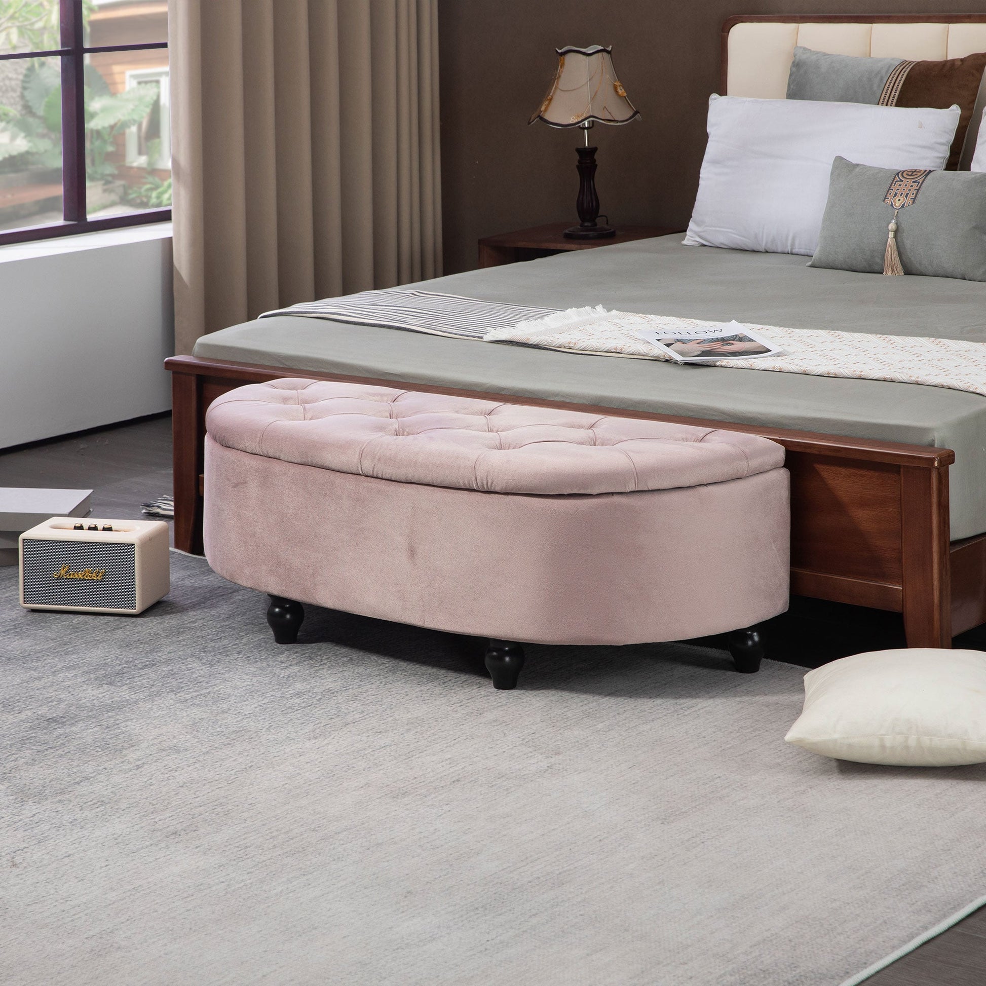 HOMCOM Semi-Circle Bed End Bench Ottoman with Storage Tufted Upholstered Accent Seat Footrest Stool with Rubberwood Legs for Bedroom & Entryway, Pink