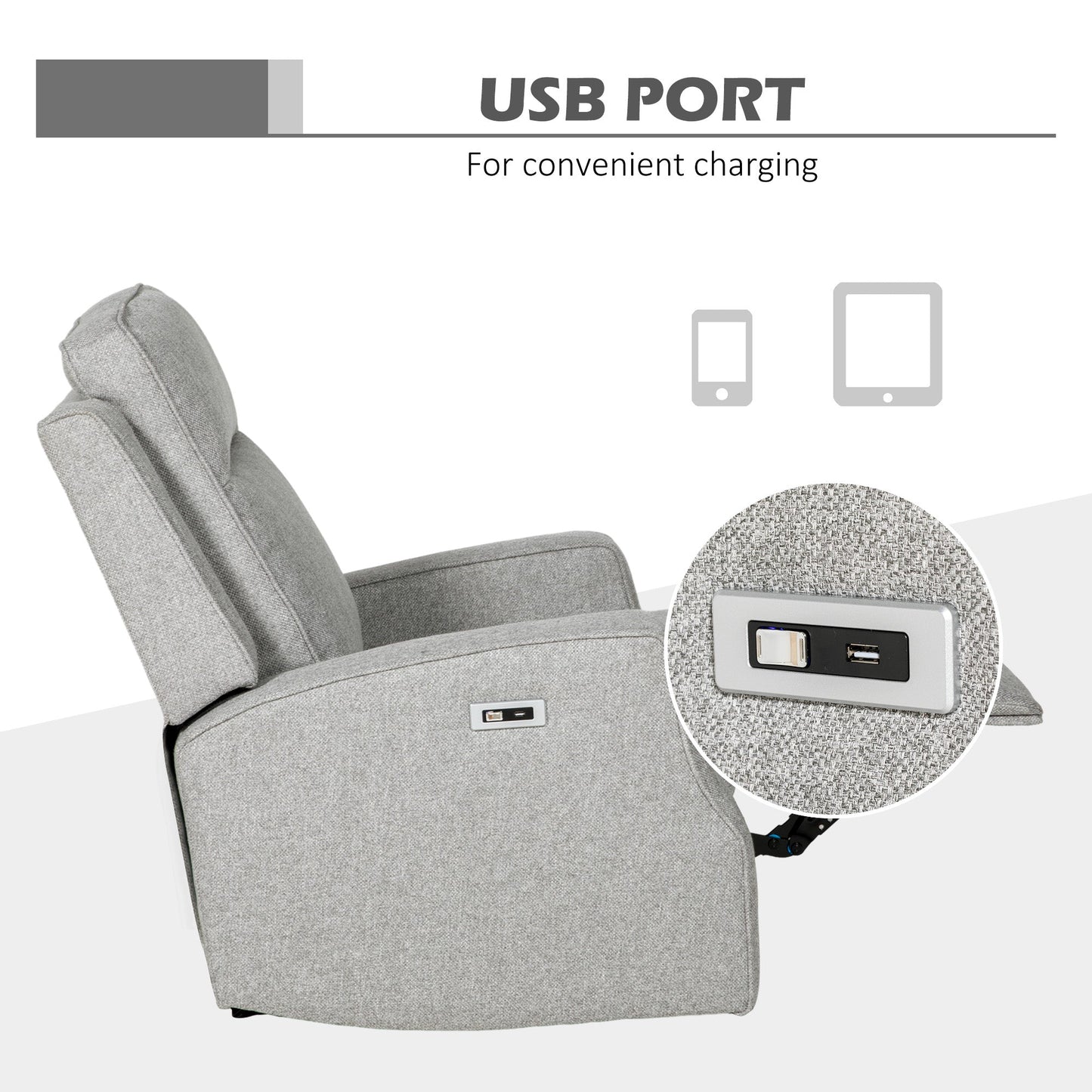HOMCOM Electric Fabric Recliner Armchair, Reclining Chair with Adjustable Leg Rest, USB Port, for Limited Space Home Living Room, Grey