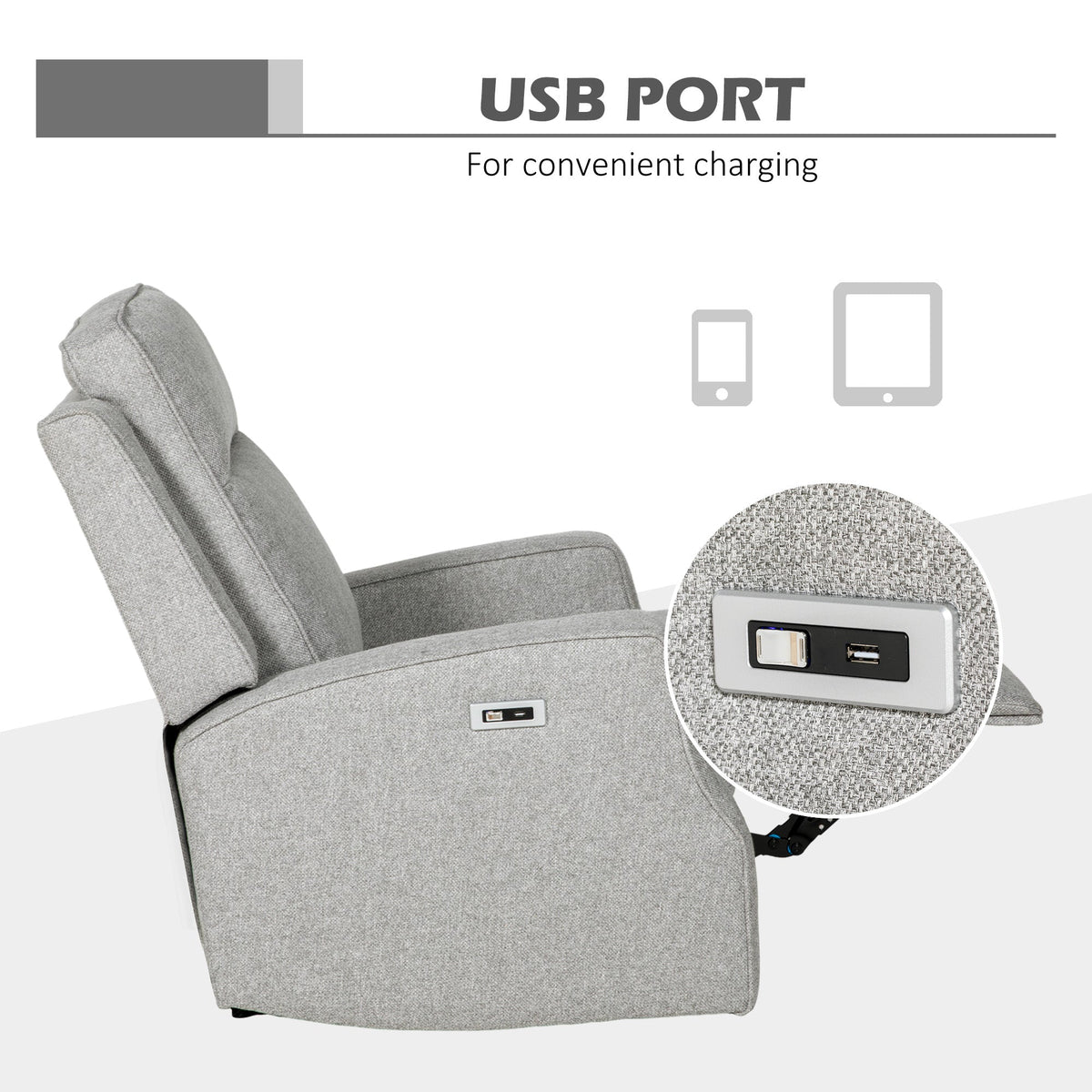 HOMCOM Electric Fabric Recliner Armchair, Reclining Chair with Adjustable Leg Rest, USB Port, for Limited Space Home Living Room, Grey