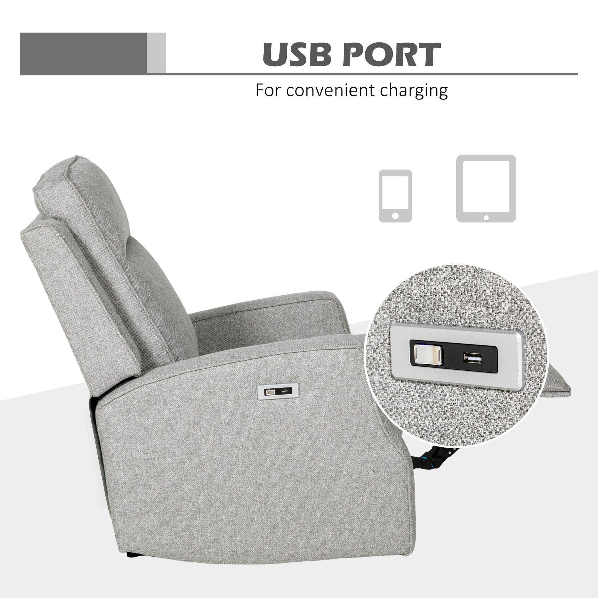 HOMCOM Electric Fabric Recliner Armchair, Reclining Chair with Adjustable Leg Rest, USB Port, for Limited Space Home Living Room, Grey