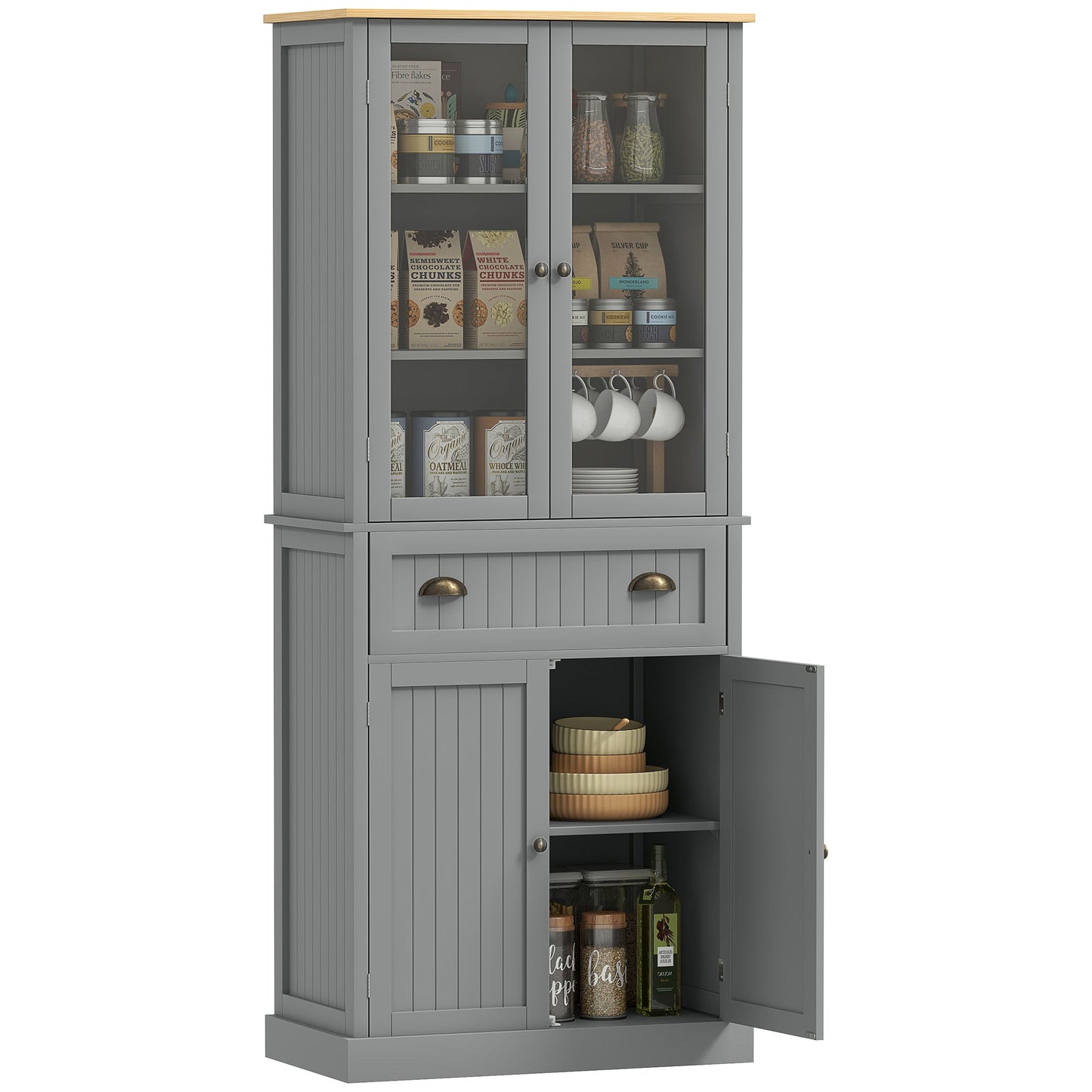 Freestanding Kitchen Cupboard, 5-tier Storage Cabinet with Adjustable Shelves and Drawer for Living Room, Dining Room, Grey